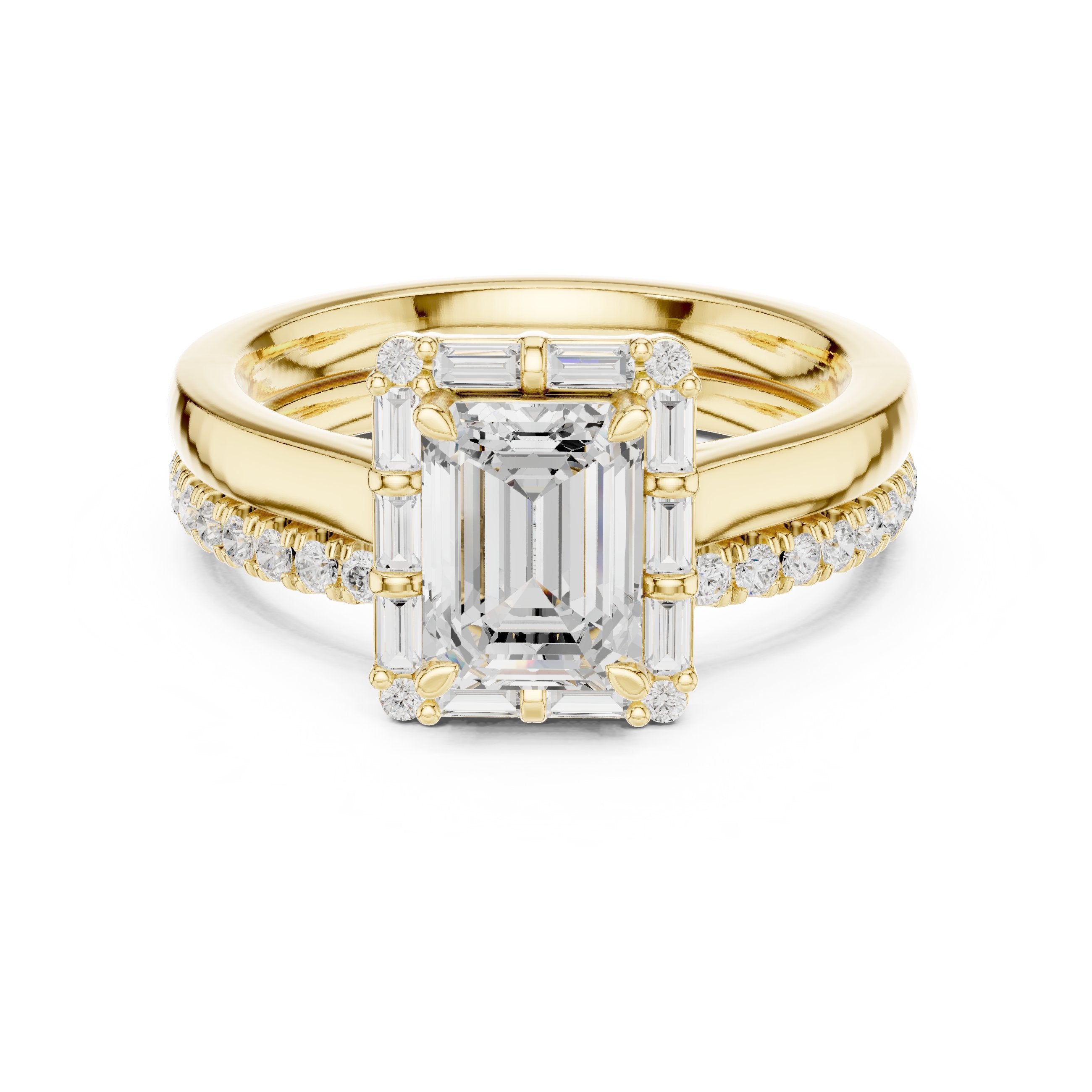 Emerald Cut Engagement Ring with Tapered Baguette Halo and Stacked Pavé Band in Yellow Gold - VYKA Diamonds