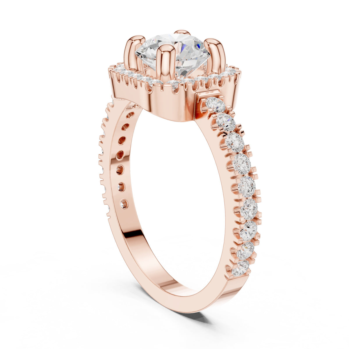 Round Diamond Cushion Halo Engagement Ring with Pavé Milgrain Band