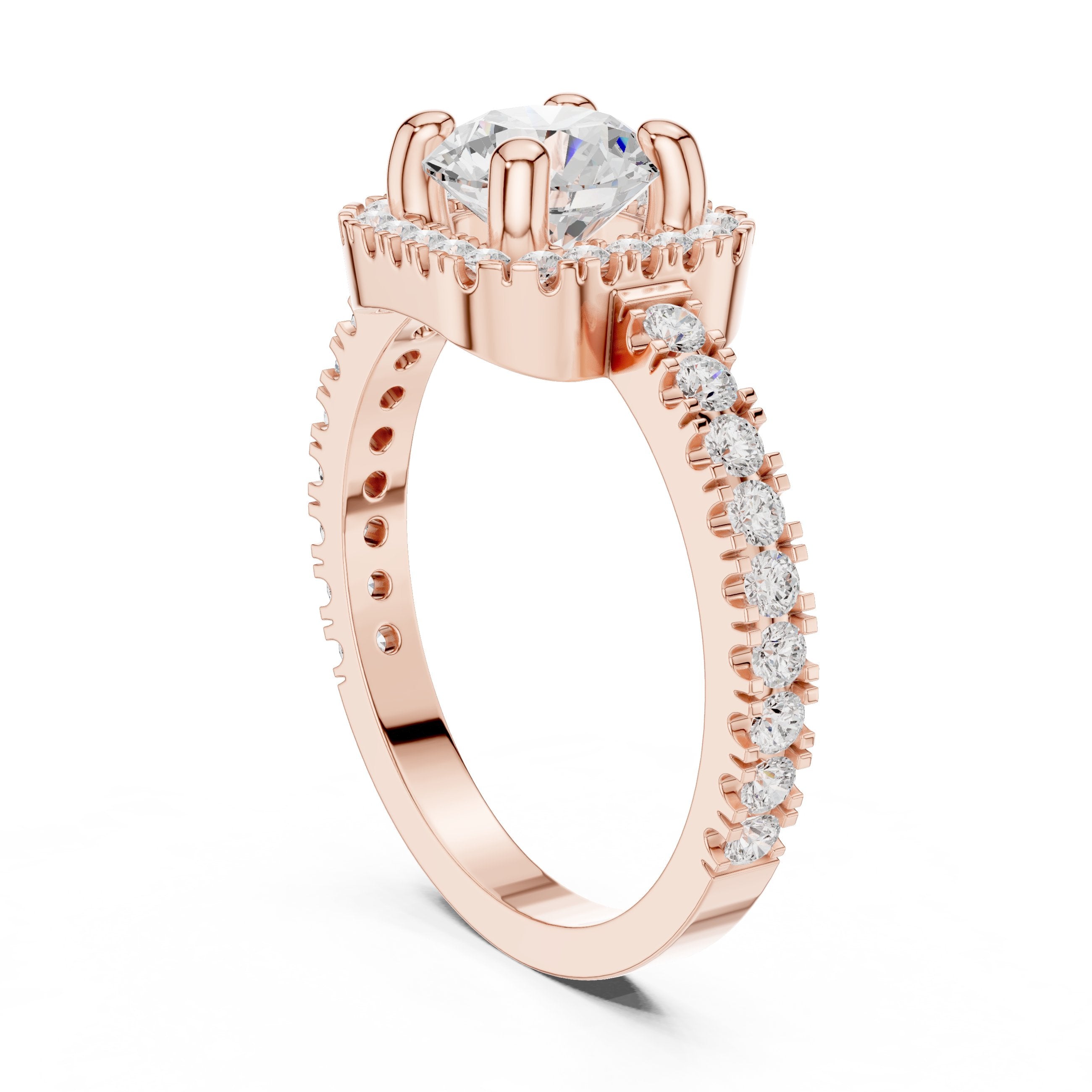 Round Diamond Cushion Halo Engagement Ring with Pavé Milgrain Band in Rose Gold - VYKA Diamonds