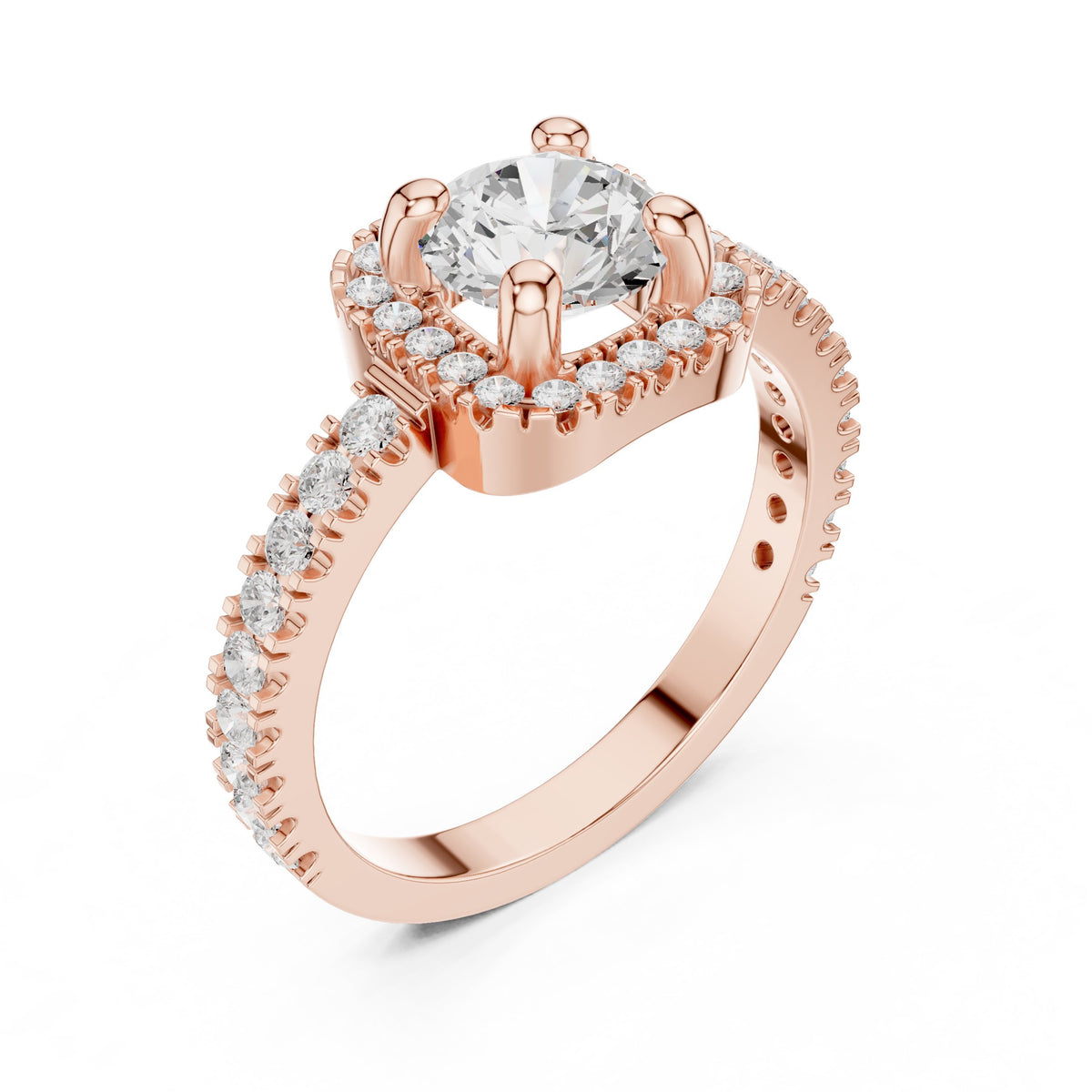 Round Diamond Cushion Halo Engagement Ring with Pavé Milgrain Band