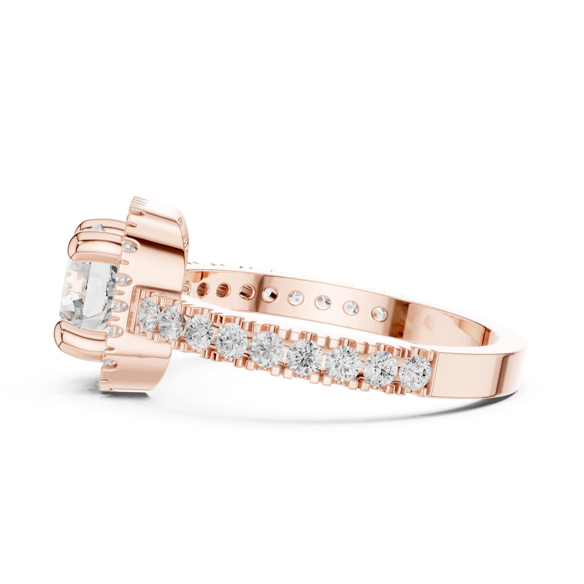 Round Diamond Cushion Halo Engagement Ring with Pavé Milgrain Band