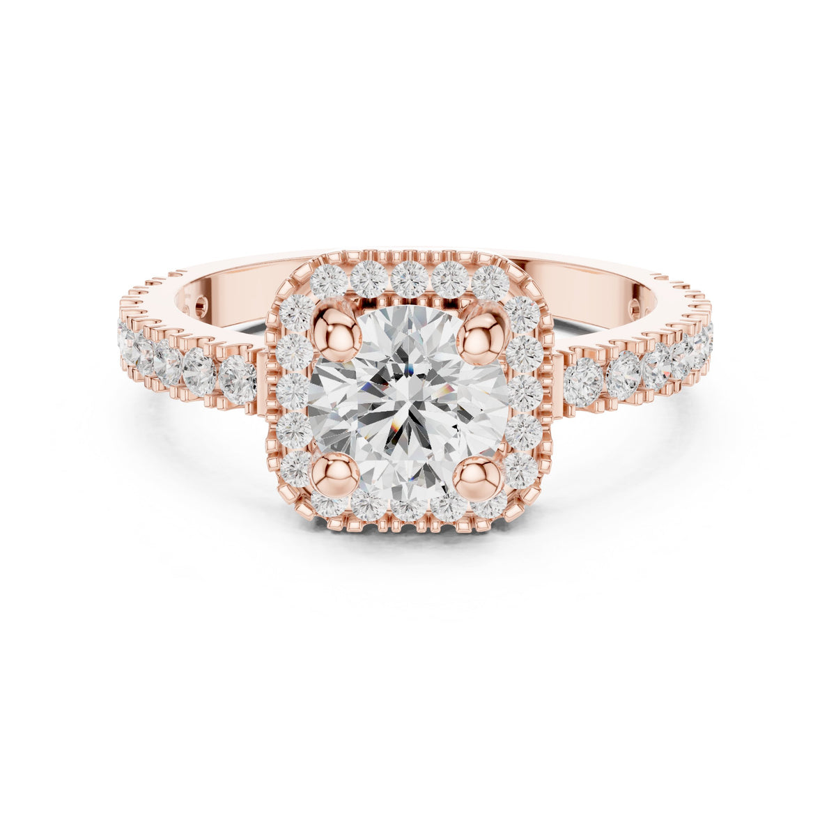 Round Diamond Cushion Halo Engagement Ring with Pavé Milgrain Band