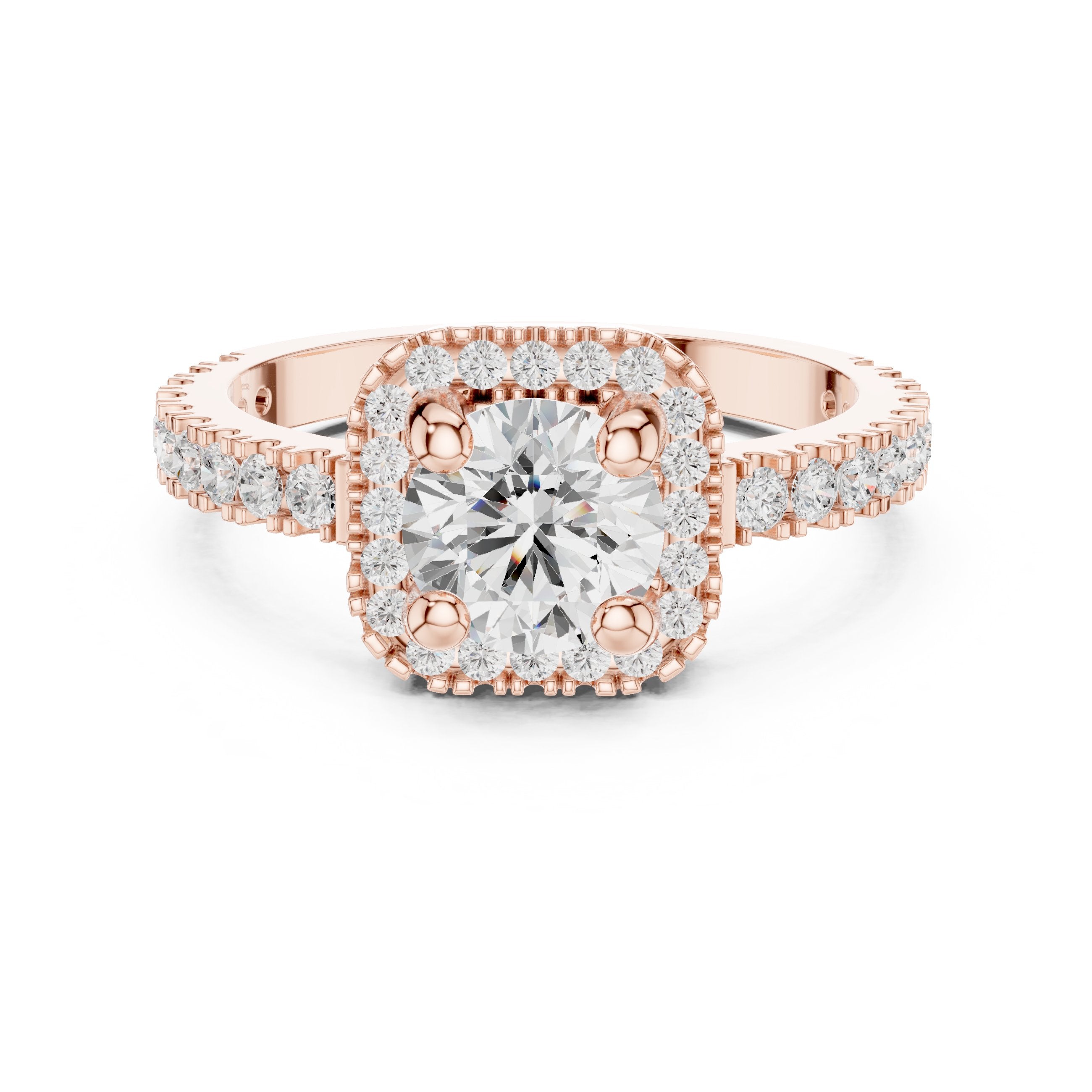 Round Diamond Cushion Halo Engagement Ring with Pavé Milgrain Band in Rose Gold - VYKA Diamonds