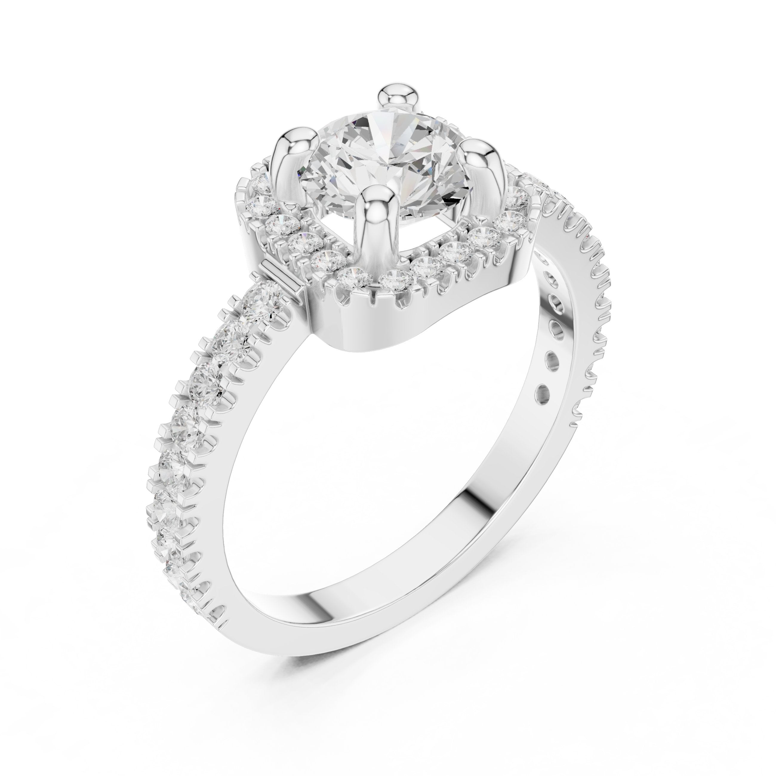 Round Diamond Cushion Halo Engagement Ring with Pavé Milgrain Band in White Gold - VYKA Diamonds