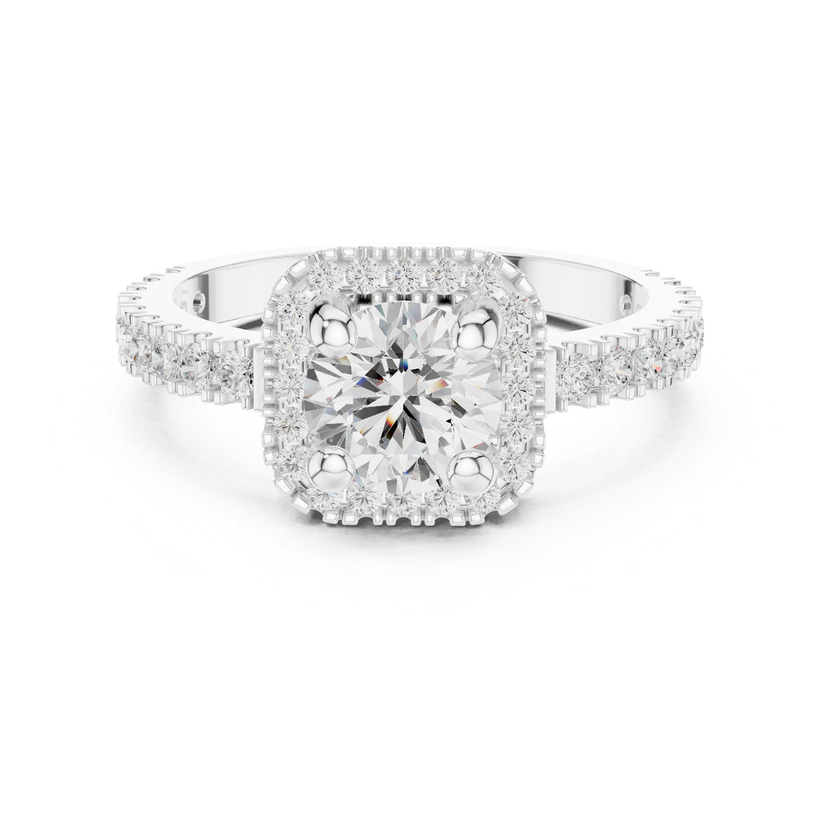 Round Diamond Cushion Halo Engagement Ring with Pavé Milgrain Band