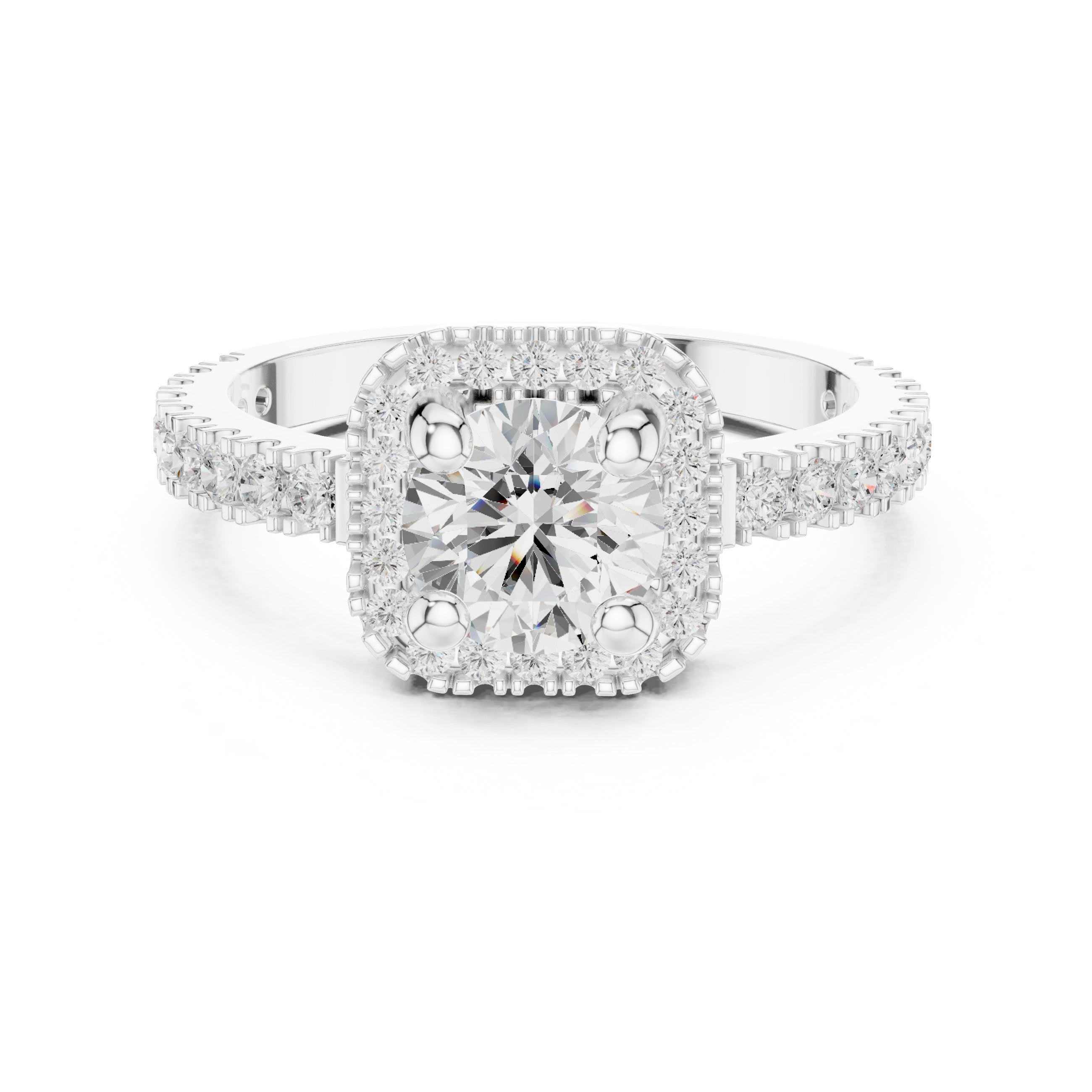 Round Diamond Cushion Halo Engagement Ring with Pavé Milgrain Band in White Gold - VYKA Diamonds