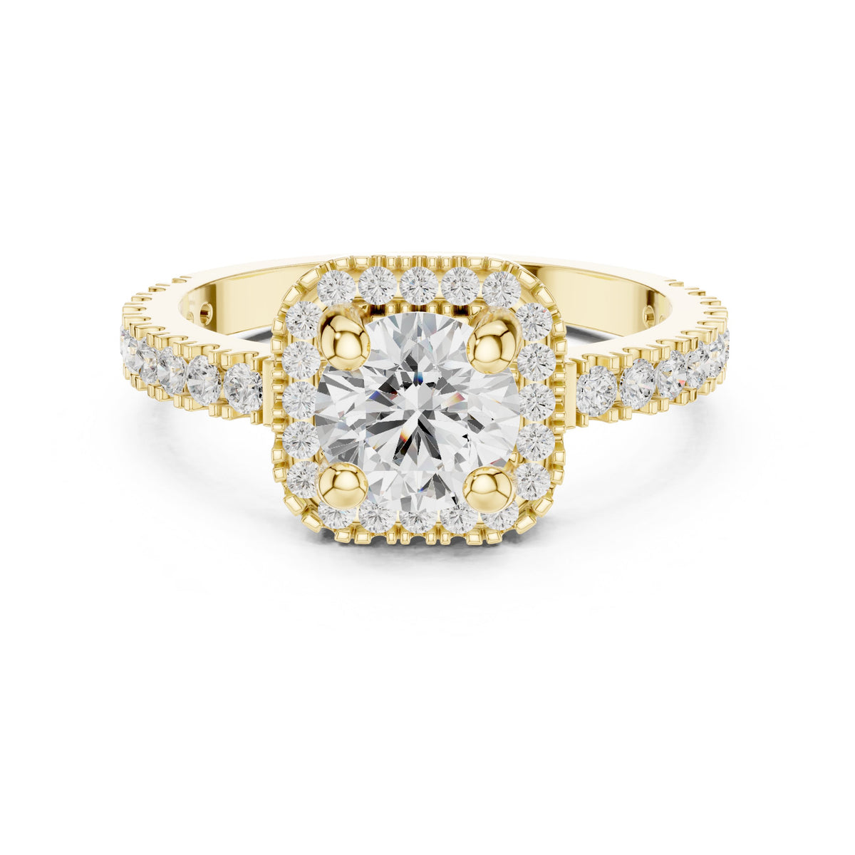 Round Diamond Cushion Halo Engagement Ring with Pavé Milgrain Band