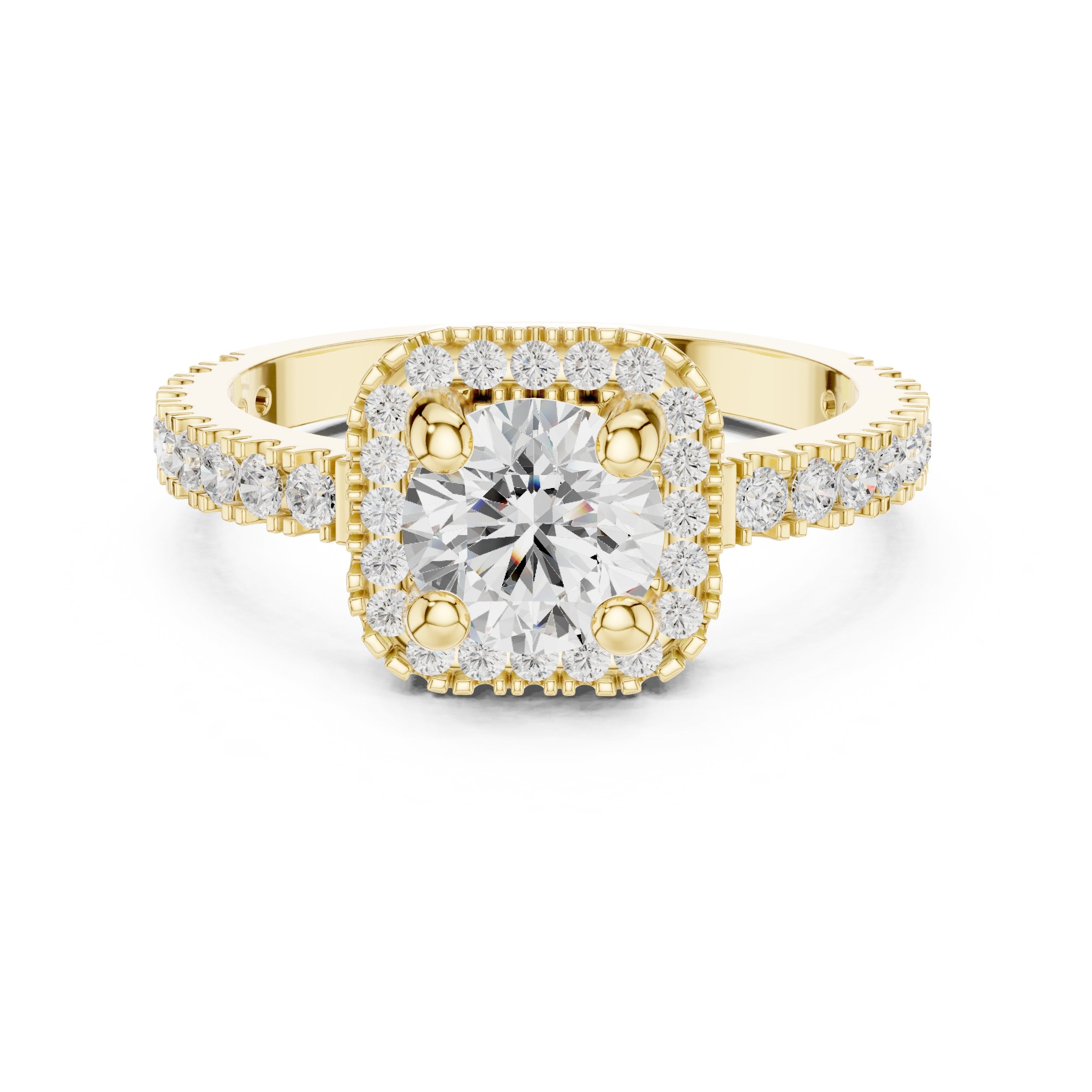 Round Diamond Cushion Halo Engagement Ring with Pavé Milgrain Band in Yellow Gold - VYKA Diamonds