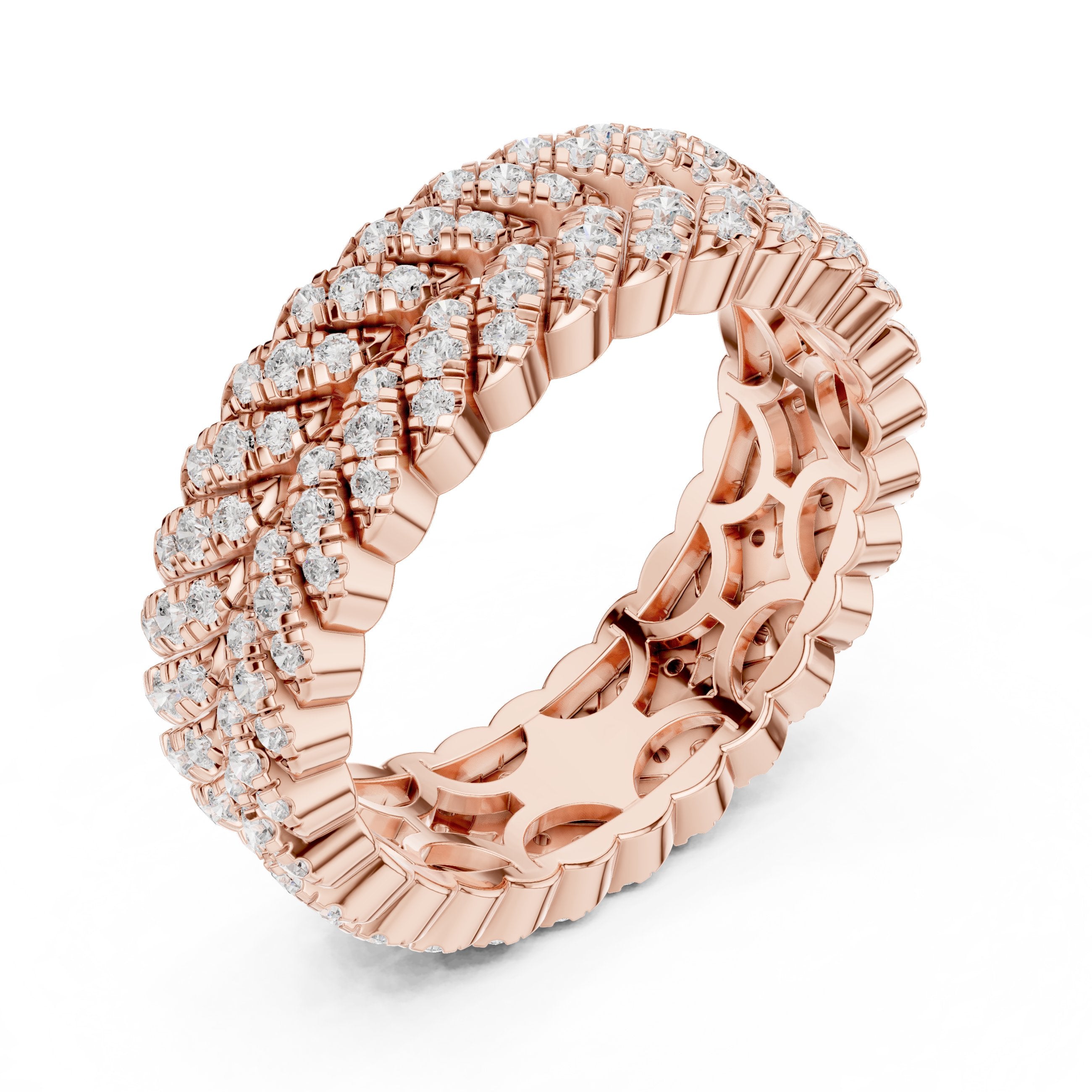 Round Diamond Twisted Multi-Row Pavé Eternity Band in Rose Gold - VYKA Diamonds