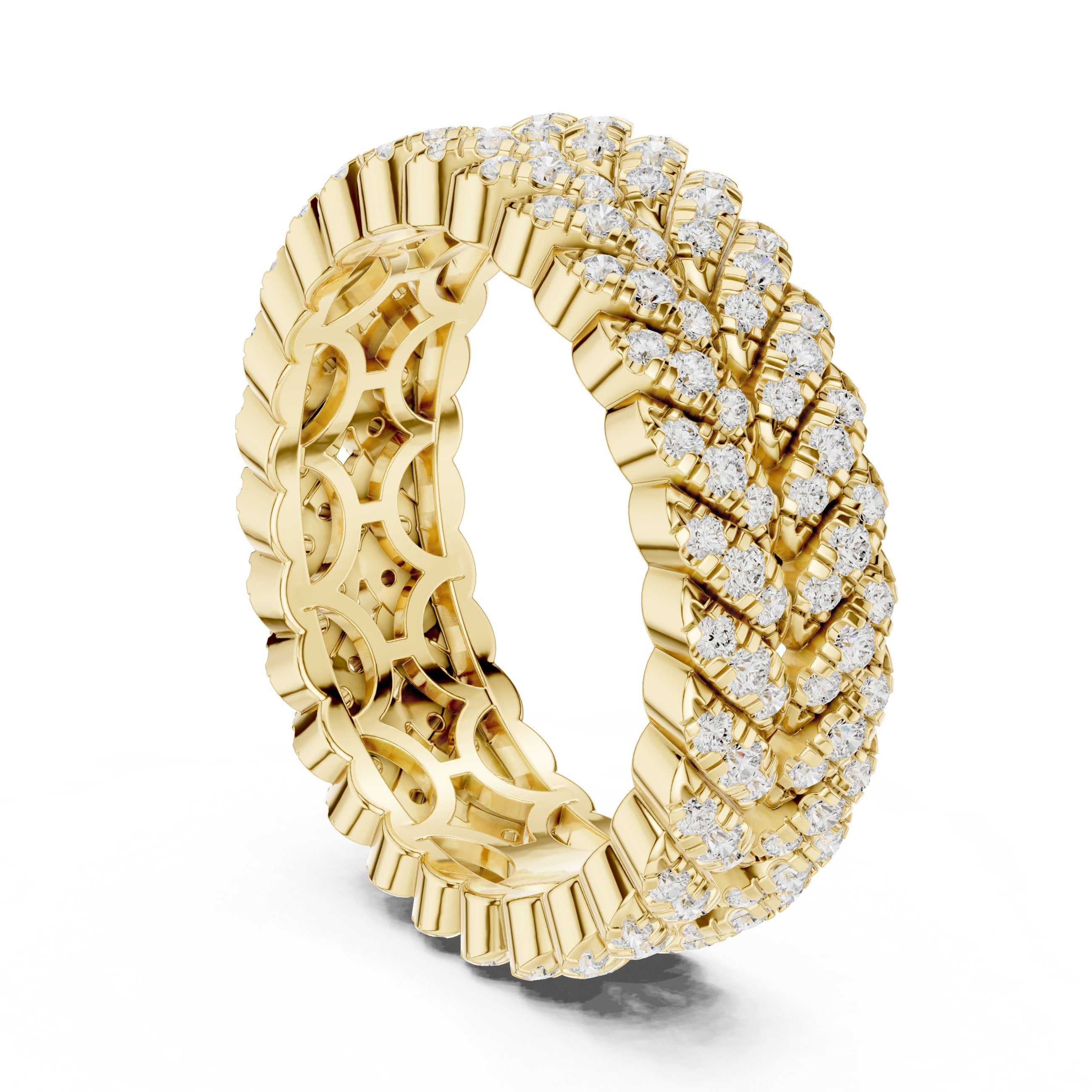 Round Diamond Twisted Multi-Row Pavé Eternity Band in Yellow Gold - VYKA Diamonds