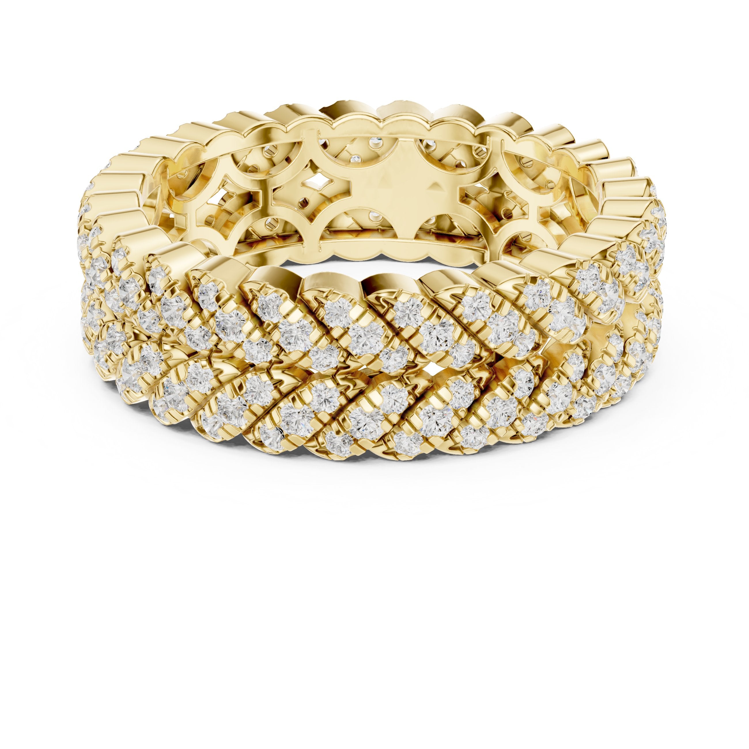 Round Diamond Twisted Multi-Row Pavé Eternity Band in Yellow Gold - VYKA Diamonds