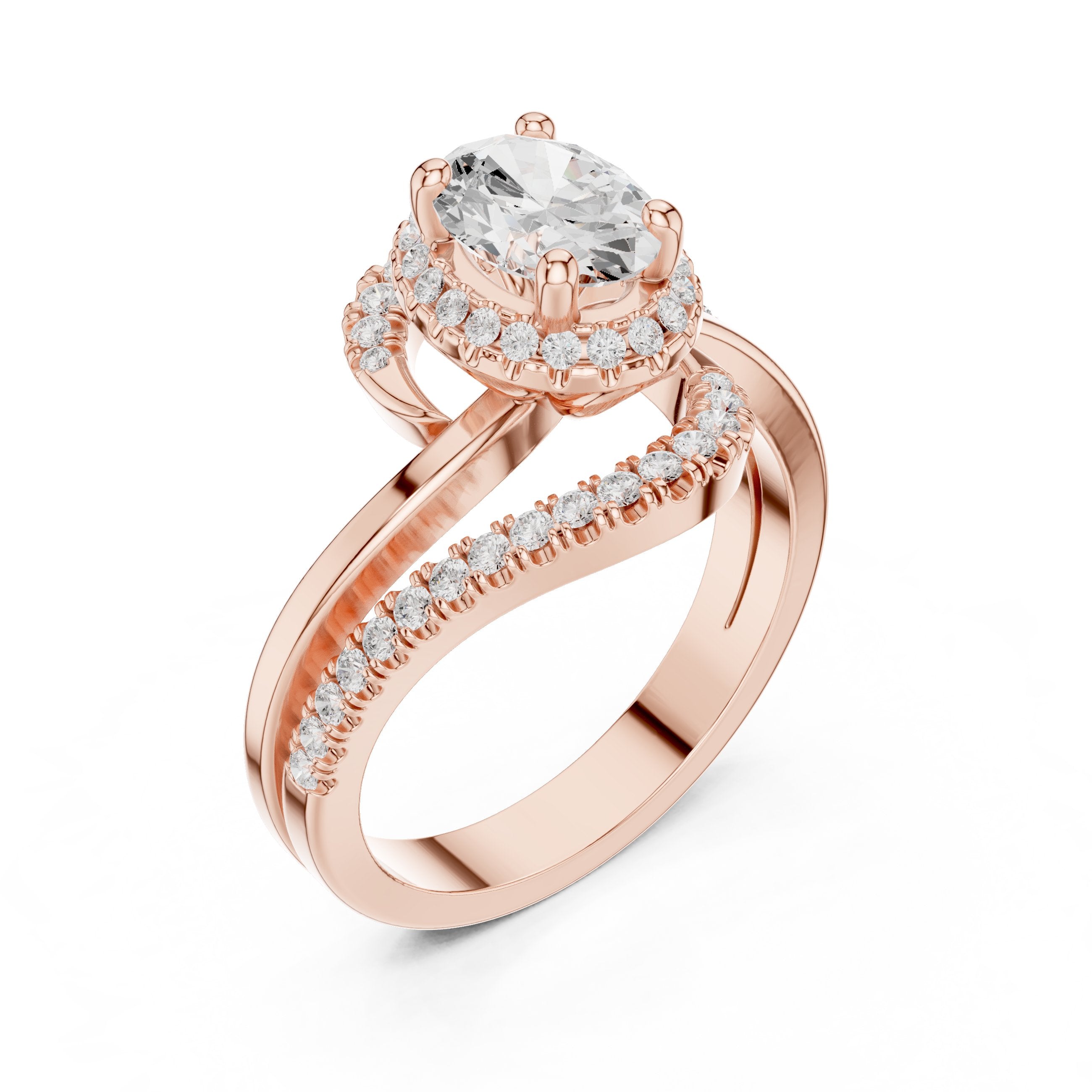 Oval Diamond Halo Engagement Ring with Bypass Pavé Band in Rose Gold - VYKA Diamonds