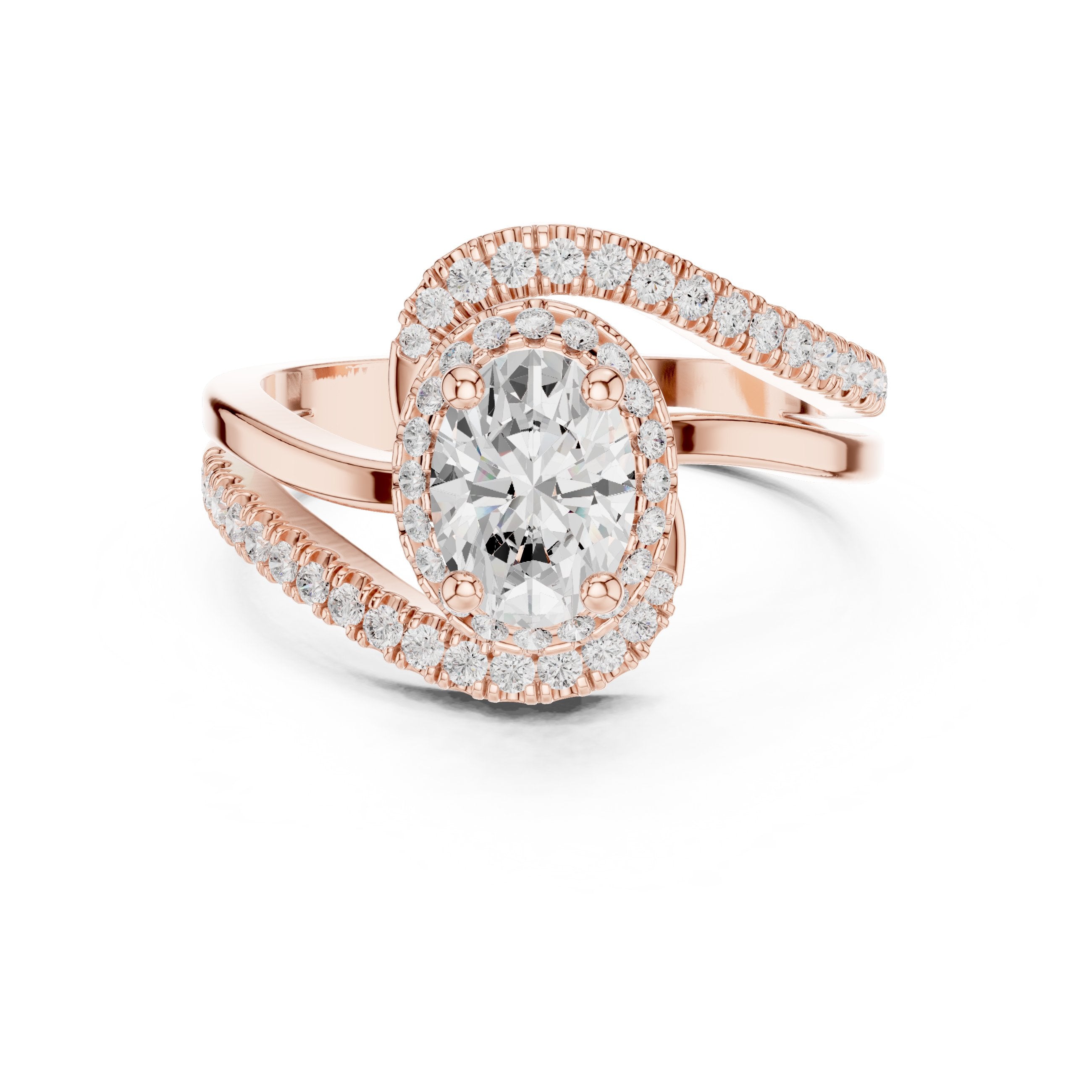 Oval Diamond Halo Engagement Ring with Bypass Pavé Band in Rose Gold - VYKA Diamonds