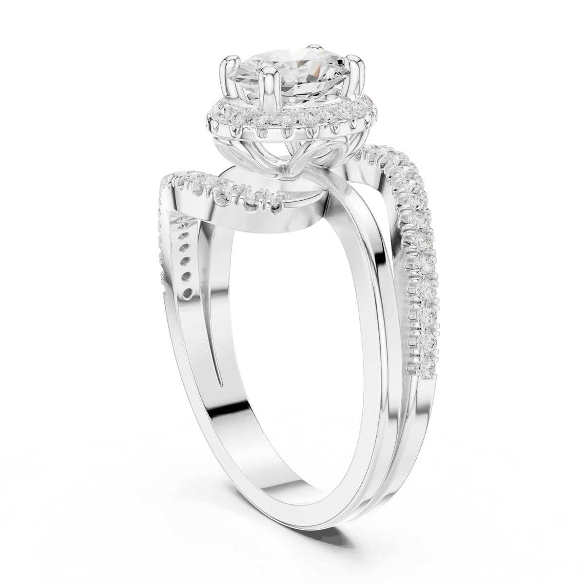 Oval Diamond Halo Engagement Ring with Bypass Pavé Band