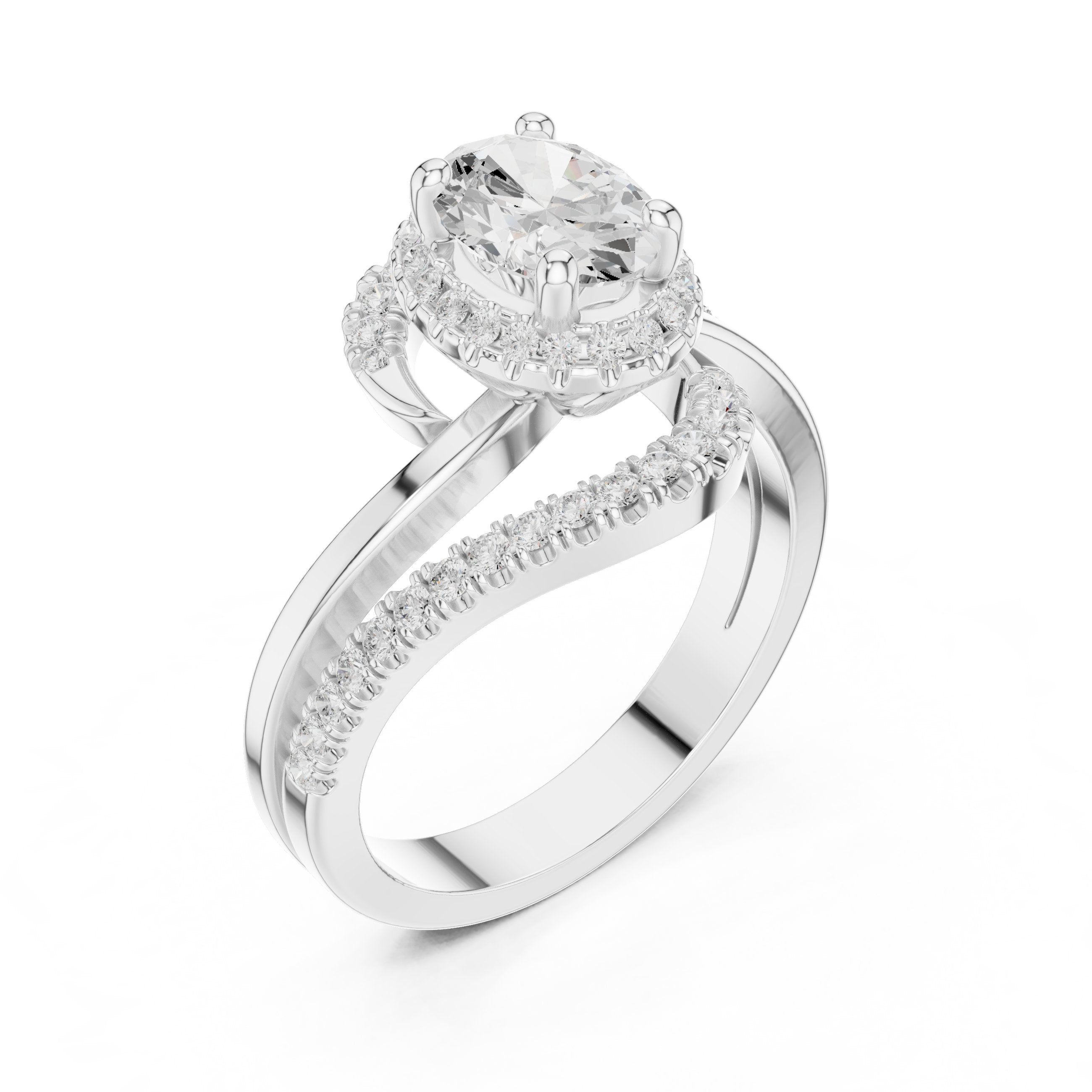 Oval Diamond Halo Engagement Ring with Bypass Pavé Band in White Gold - VYKA Diamonds