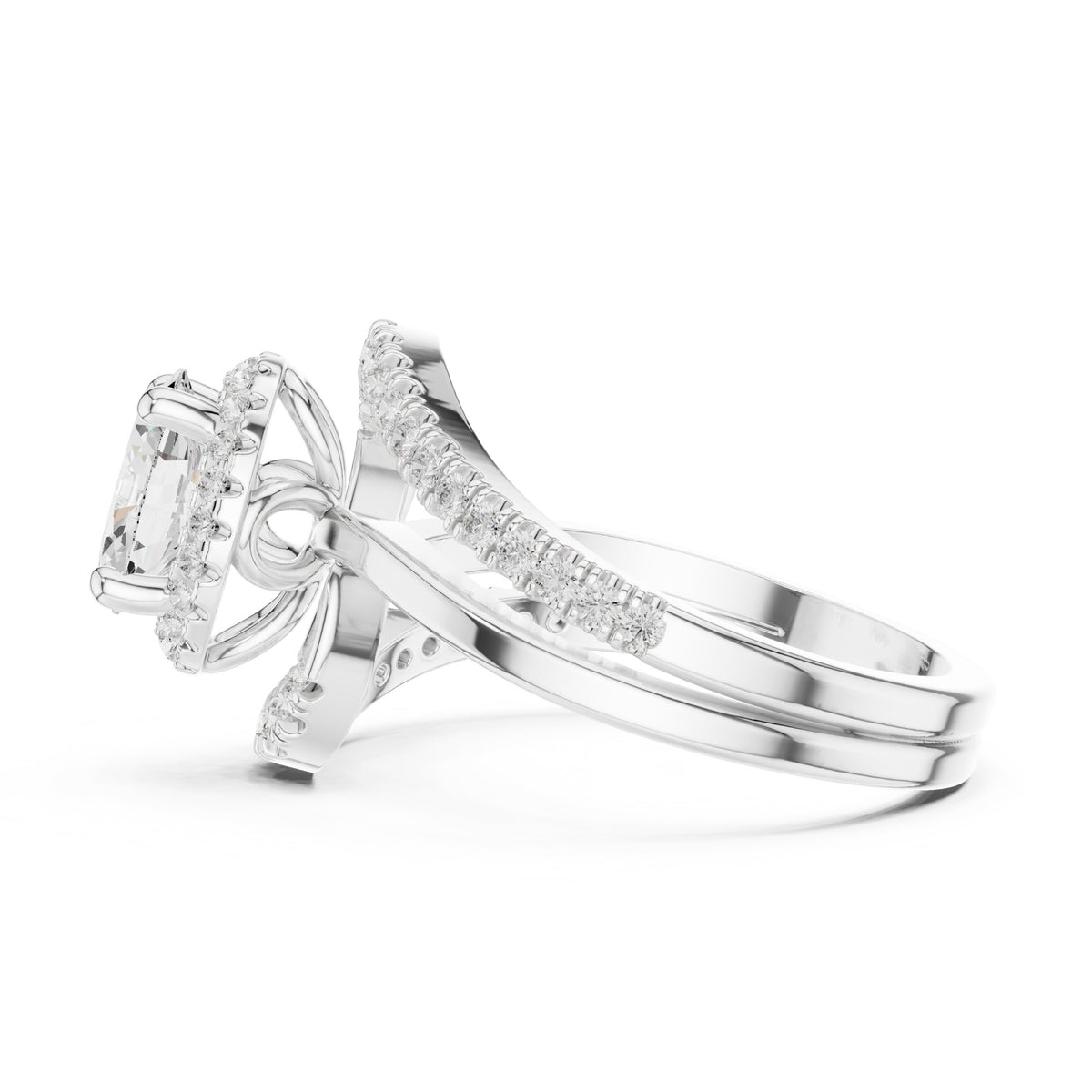 Oval Diamond Halo Engagement Ring with Bypass Pavé Band