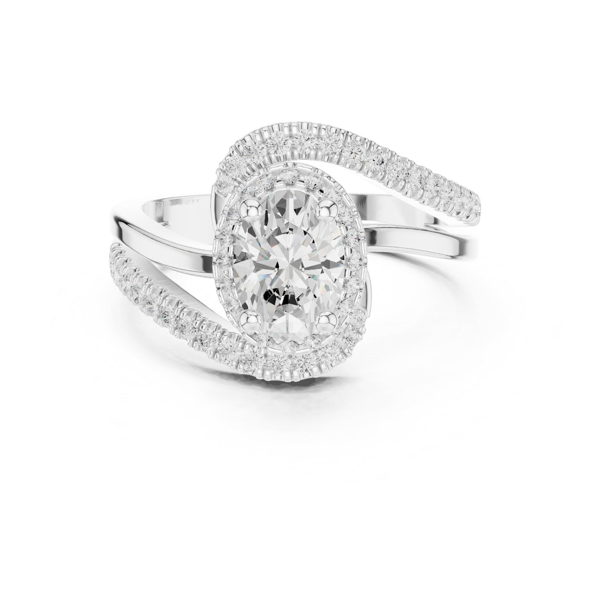 Oval Diamond Halo Engagement Ring with Bypass Pavé Band