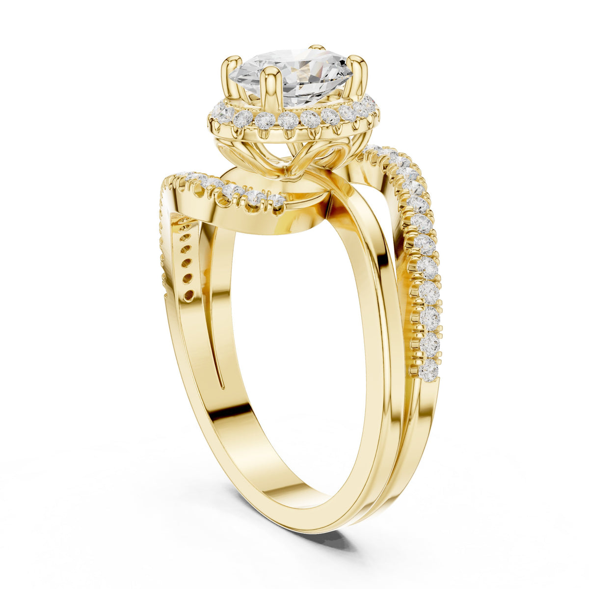 Oval Diamond Halo Engagement Ring with Bypass Pavé Band