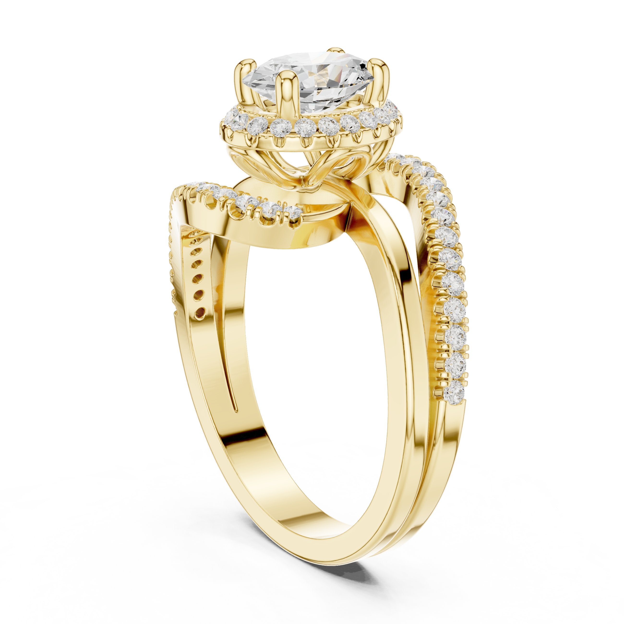 Oval Diamond Halo Engagement Ring with Bypass Pavé Band in Yellow Gold - VYKA Diamonds