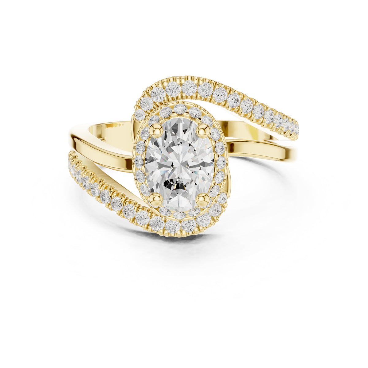 Oval Diamond Halo Engagement Ring with Bypass Pavé Band