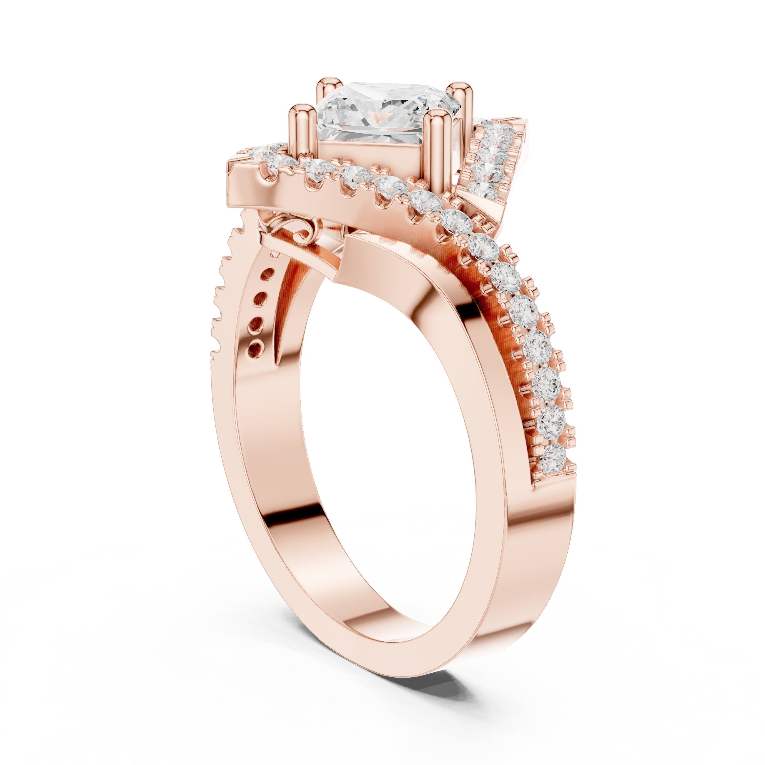 Kite Princess Cut Halo Engagement Ring with Chevron Pavé Band in Rose Gold - VYKA Diamonds