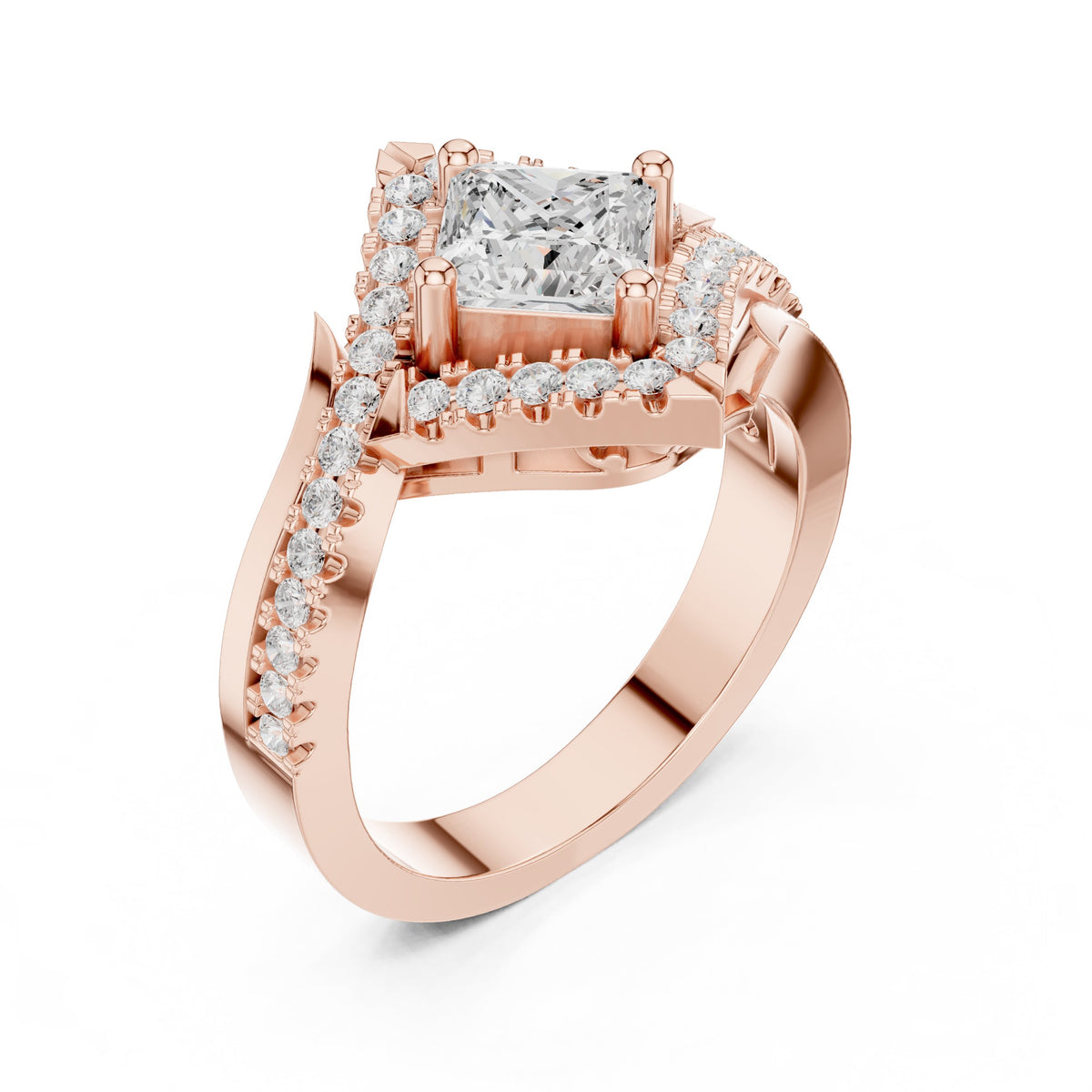 Kite Princess Cut Halo Engagement Ring with Chevron Pavé Band