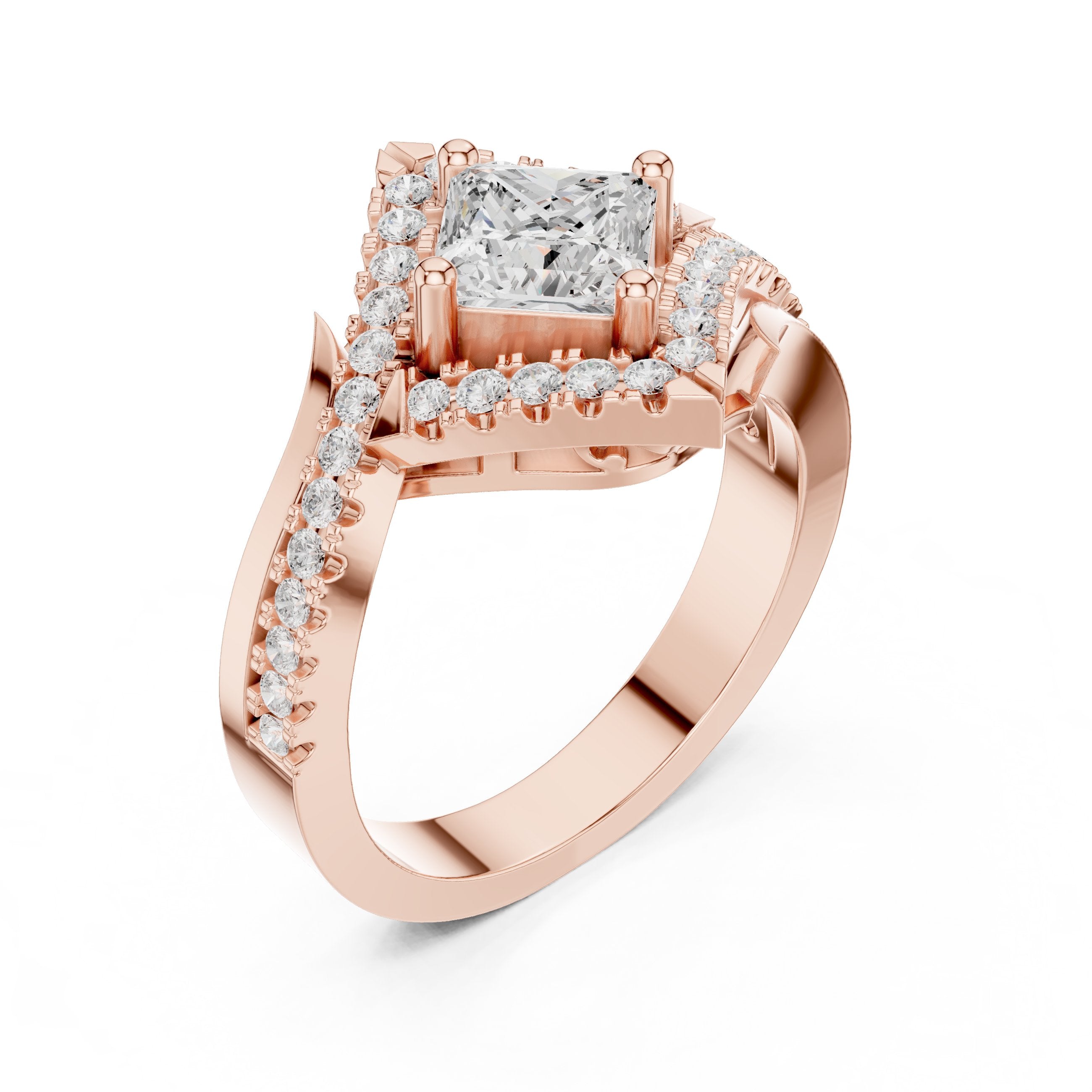 Kite Princess Cut Halo Engagement Ring with Chevron Pavé Band in Rose Gold - VYKA Diamonds