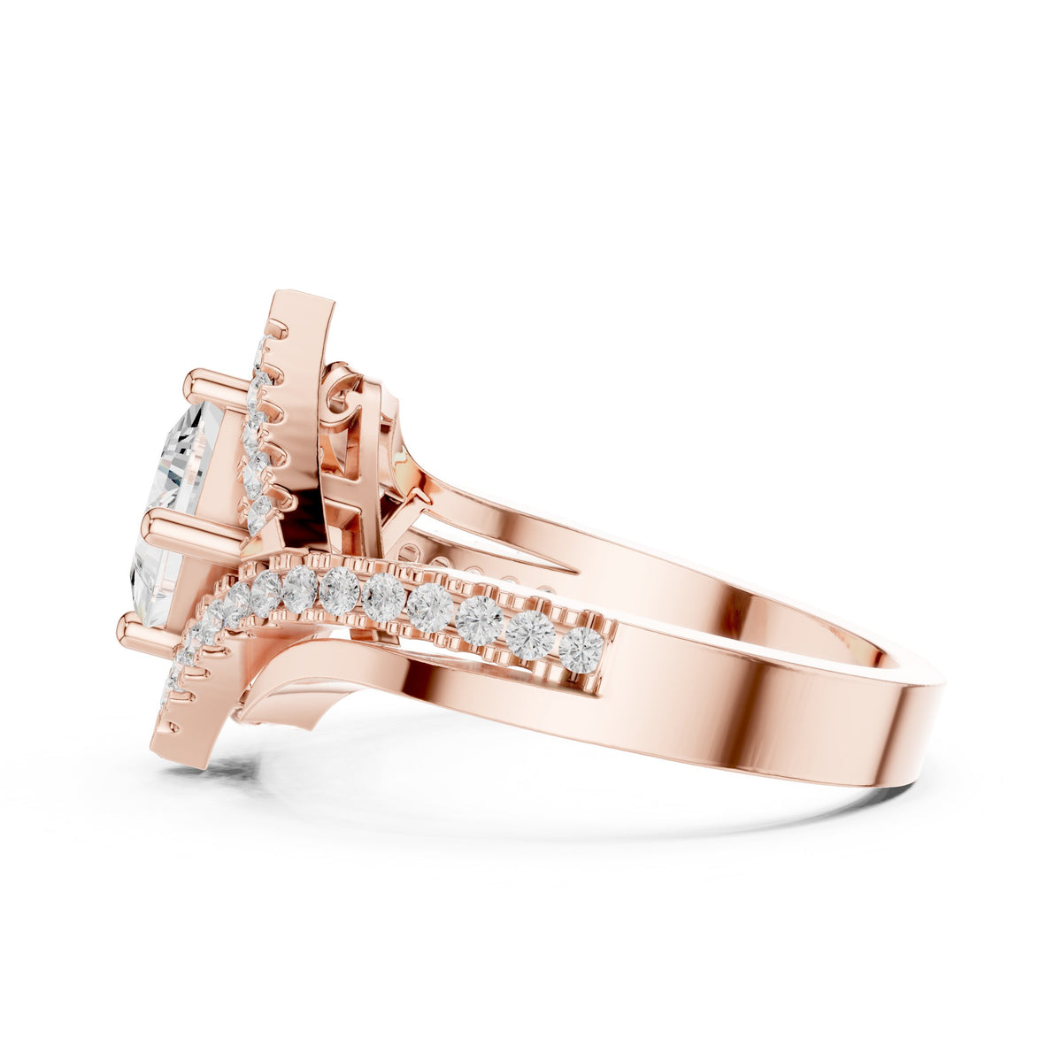 Kite Princess Cut Halo Engagement Ring with Chevron Pavé Band