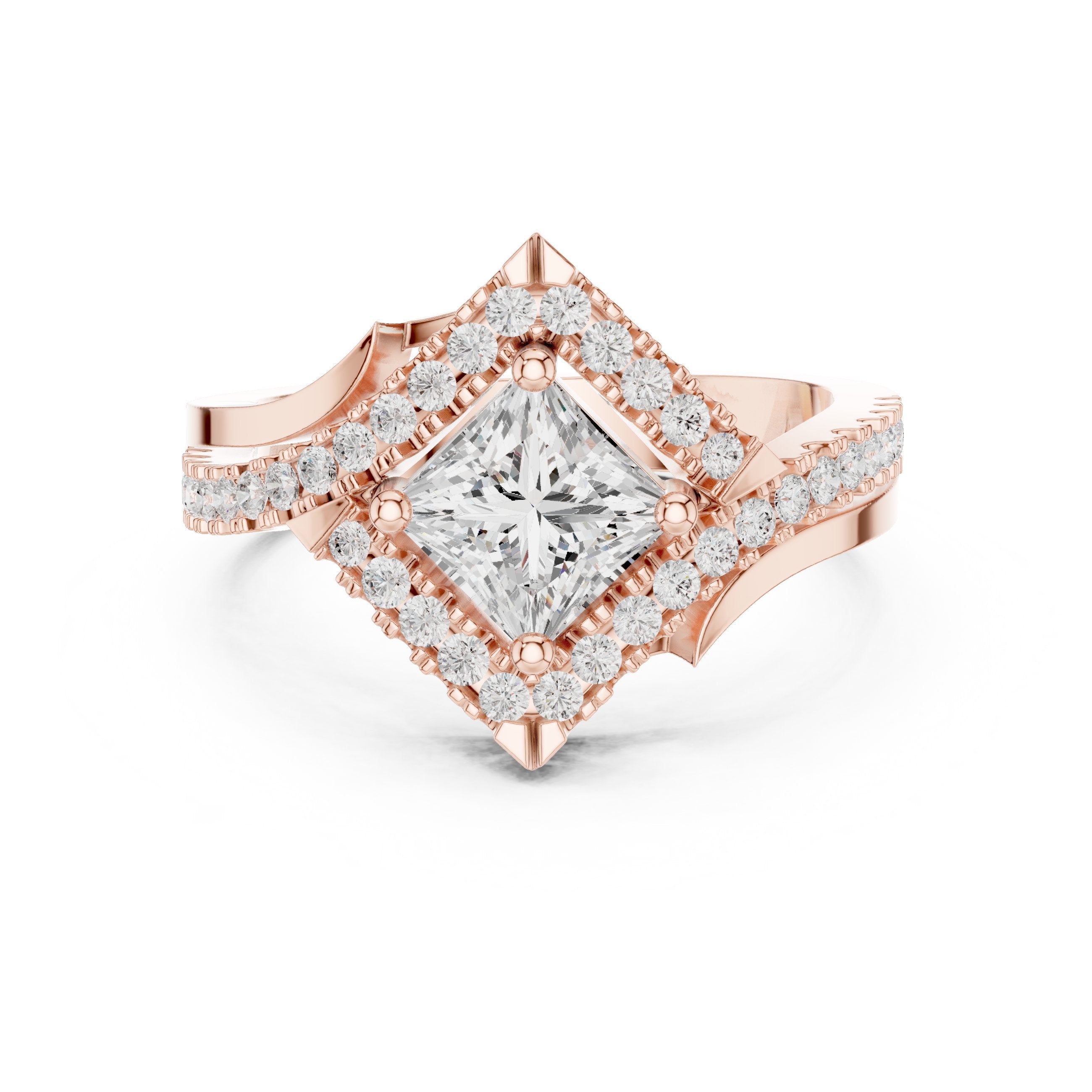 Kite Princess Cut Halo Engagement Ring with Chevron Pavé Band in Rose Gold - VYKA Diamonds