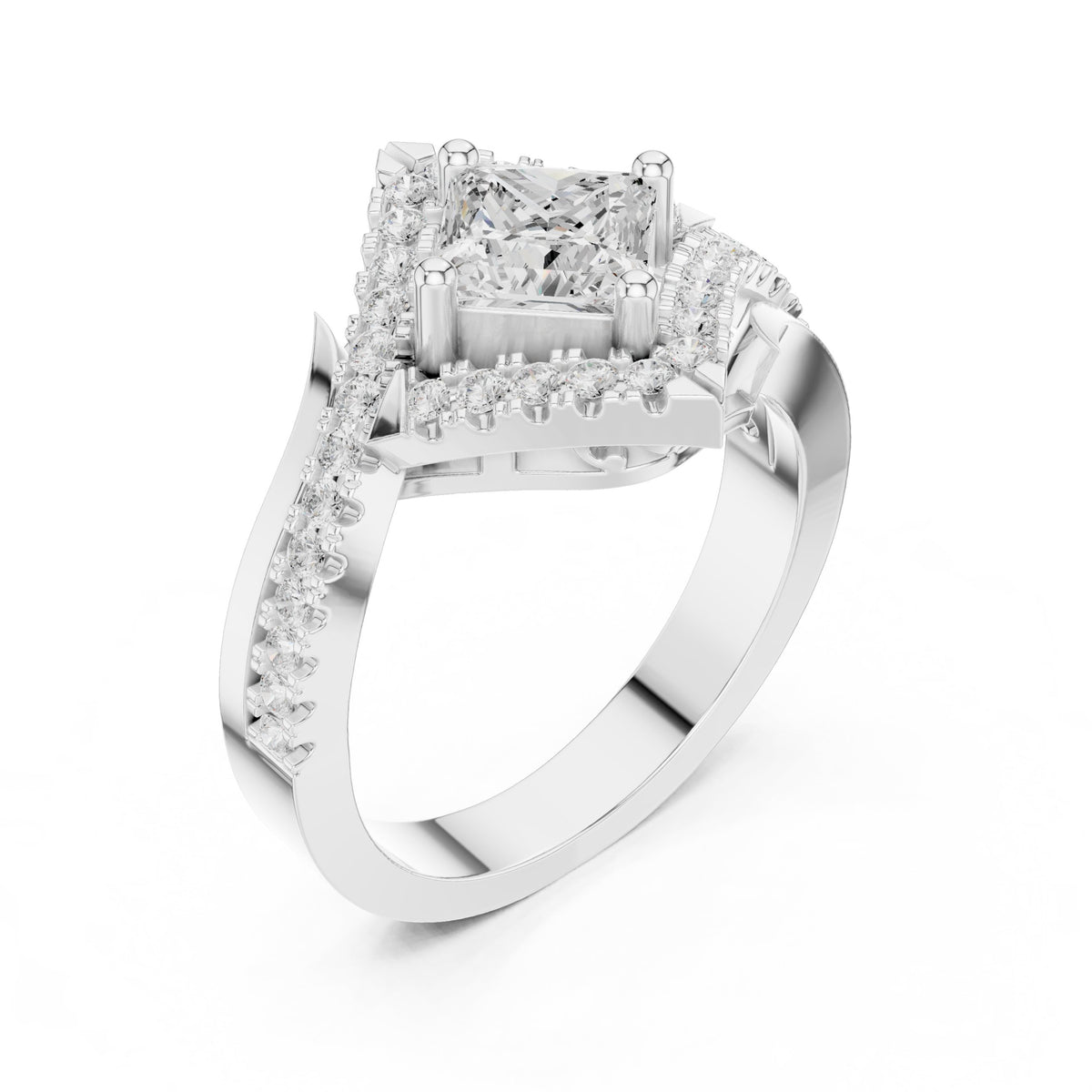 Kite Princess Cut Halo Engagement Ring with Chevron Pavé Band