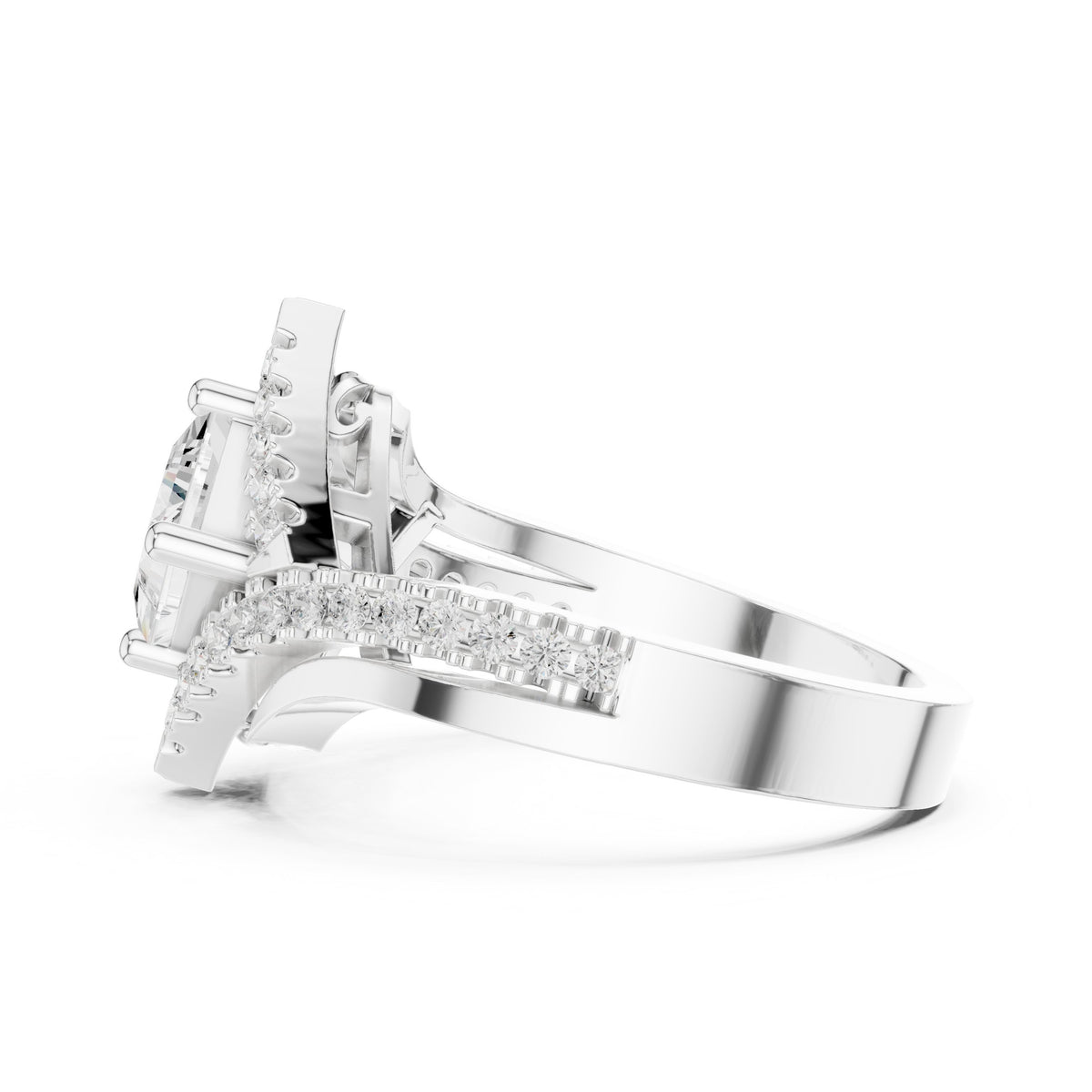 Kite Princess Cut Halo Engagement Ring with Chevron Pavé Band