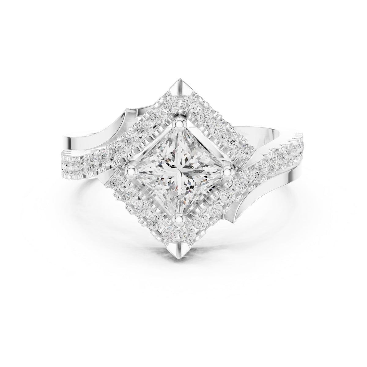 Kite Princess Cut Halo Engagement Ring with Chevron Pavé Band