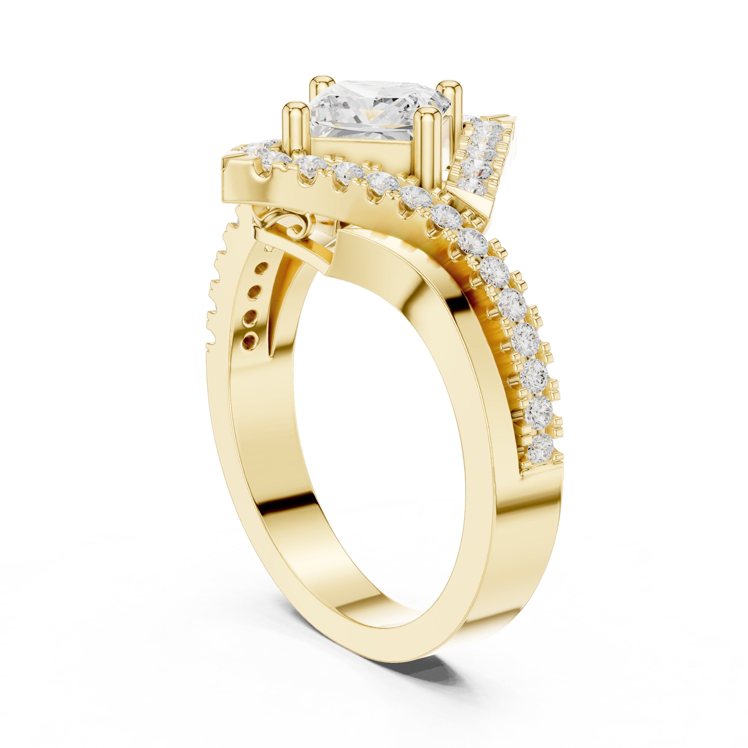 Kite Princess Cut Halo Engagement Ring with Chevron Pavé Band in Yellow Gold - VYKA Diamonds