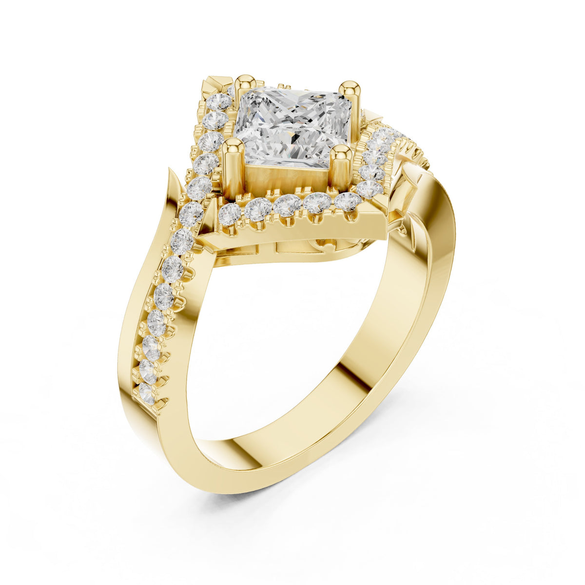 Kite Princess Cut Halo Engagement Ring with Chevron Pavé Band