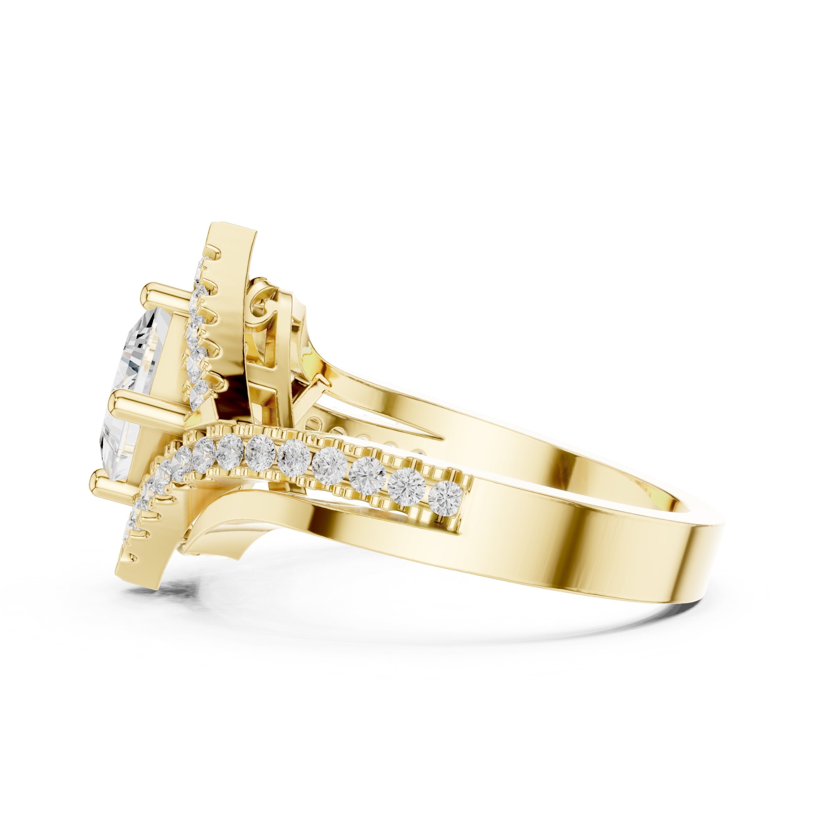 Kite Princess Cut Halo Engagement Ring with Chevron Pavé Band in Yellow Gold - VYKA Diamonds