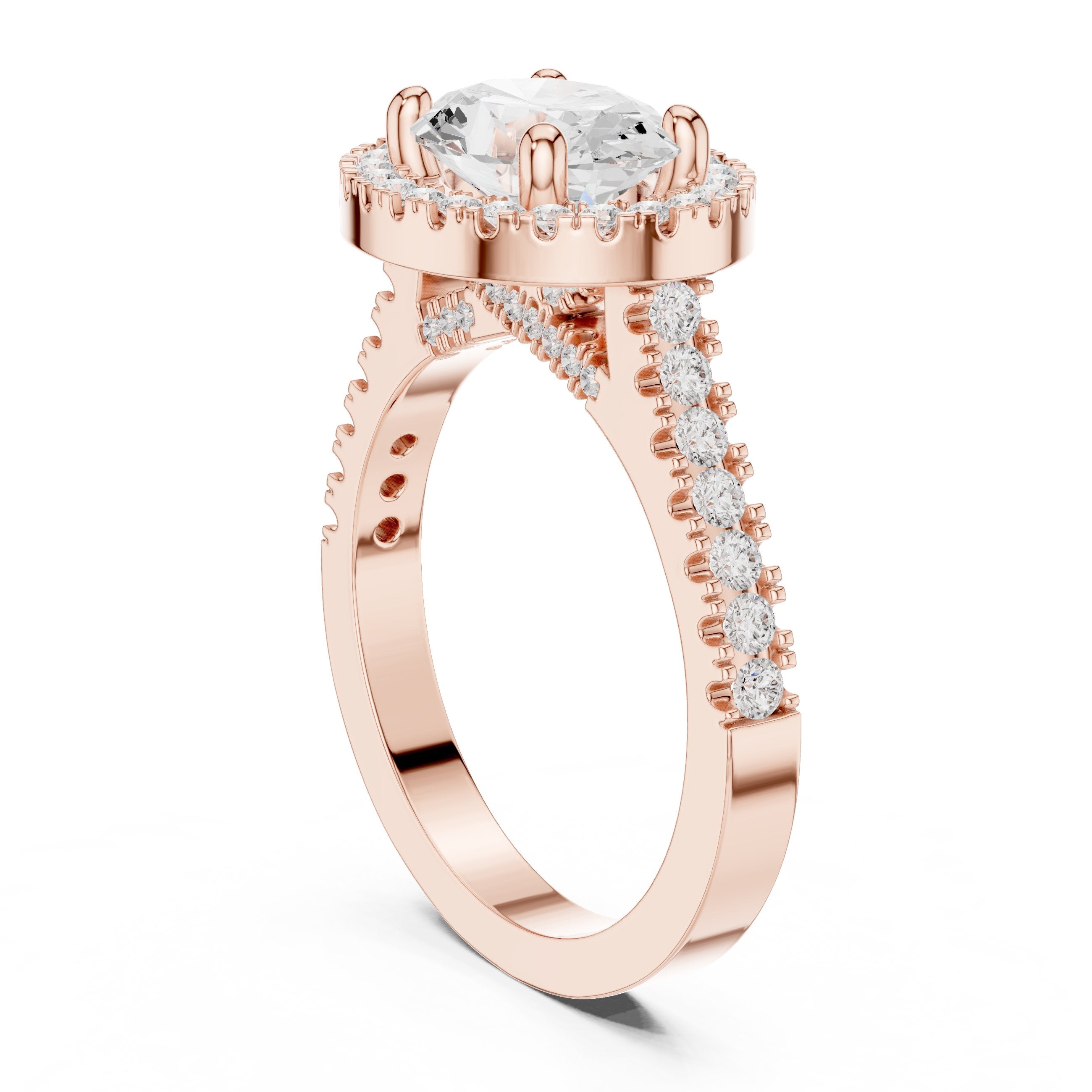 Oval Diamond Scalloped Halo Engagement Ring with Pavé Band in Rose Gold - VYKA Diamonds