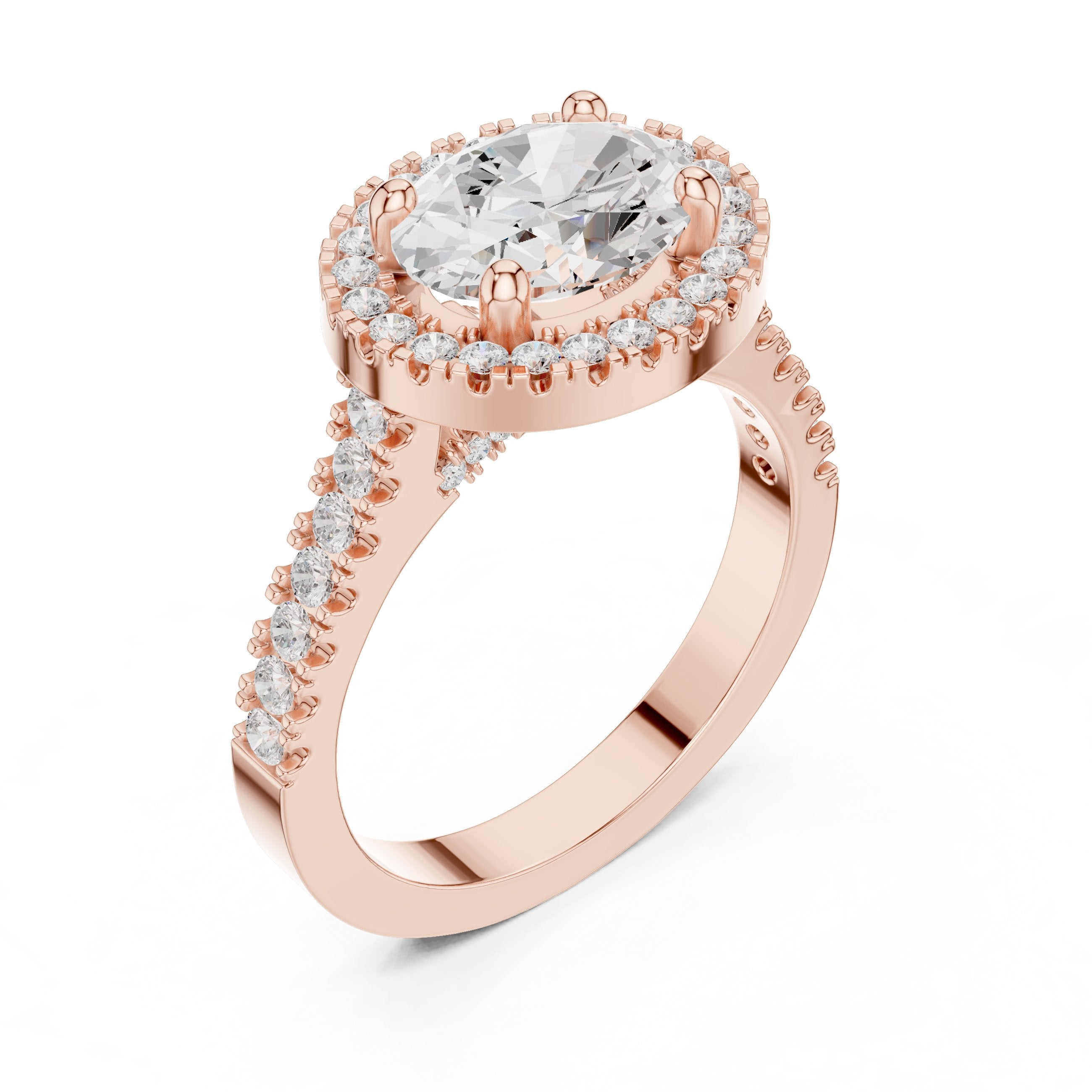 Oval Diamond Scalloped Halo Engagement Ring with Pavé Band in Rose Gold - VYKA Diamonds
