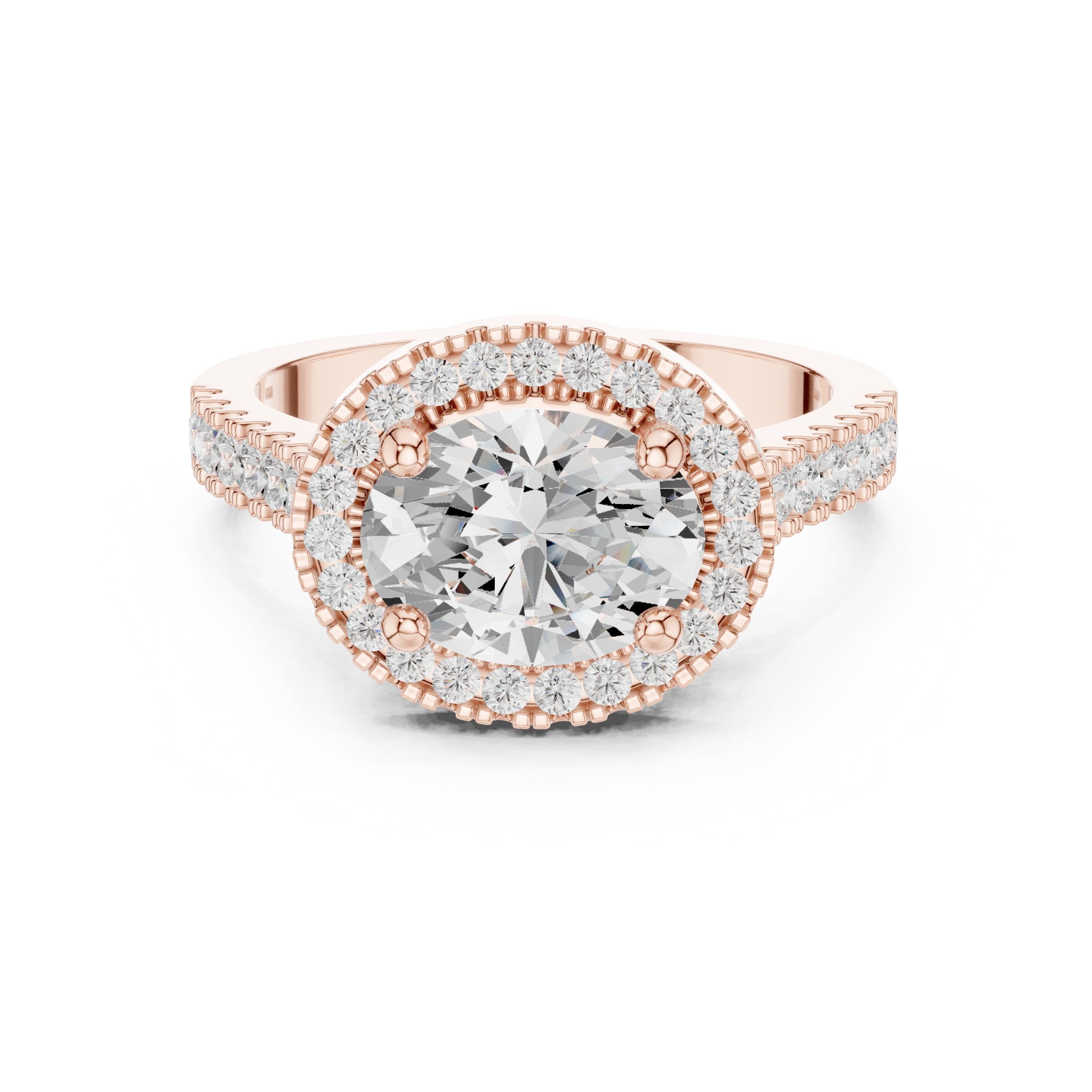 Oval Diamond Scalloped Halo Engagement Ring with Pavé Band in Rose Gold - VYKA Diamonds