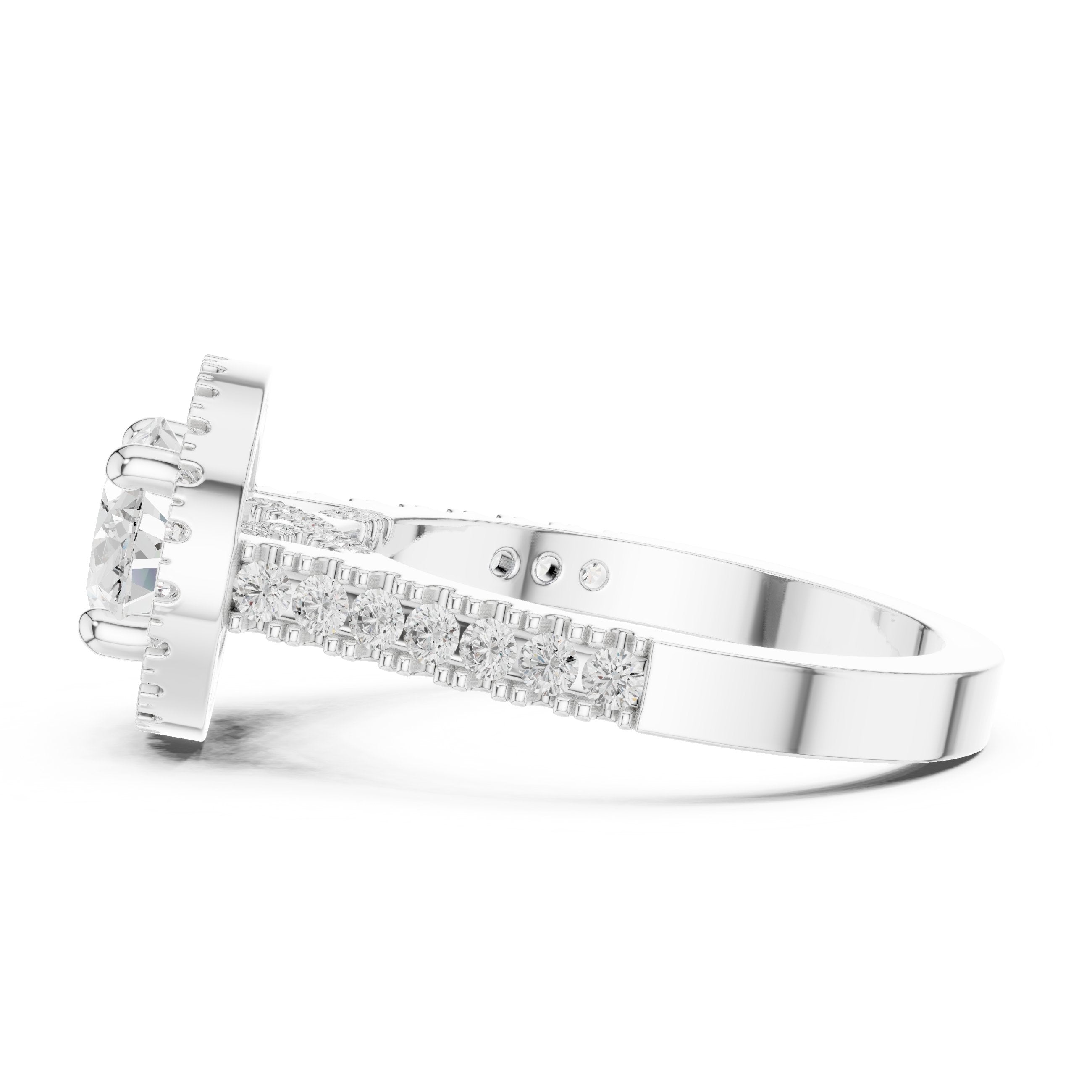 Oval Diamond Scalloped Halo Engagement Ring with Pavé Band in White Gold - VYKA Diamonds