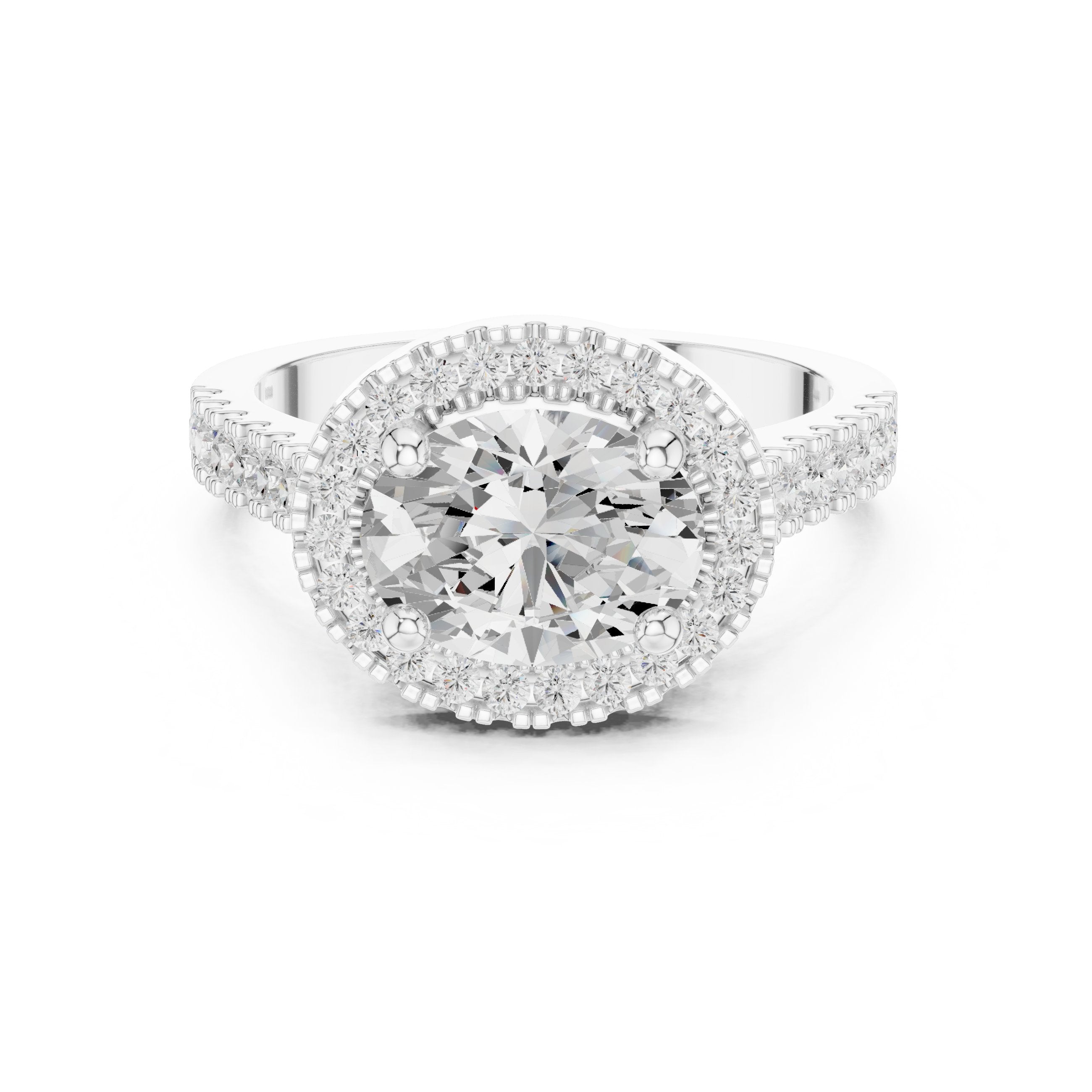 Oval Diamond Scalloped Halo Engagement Ring with Pavé Band in White Gold - VYKA Diamonds