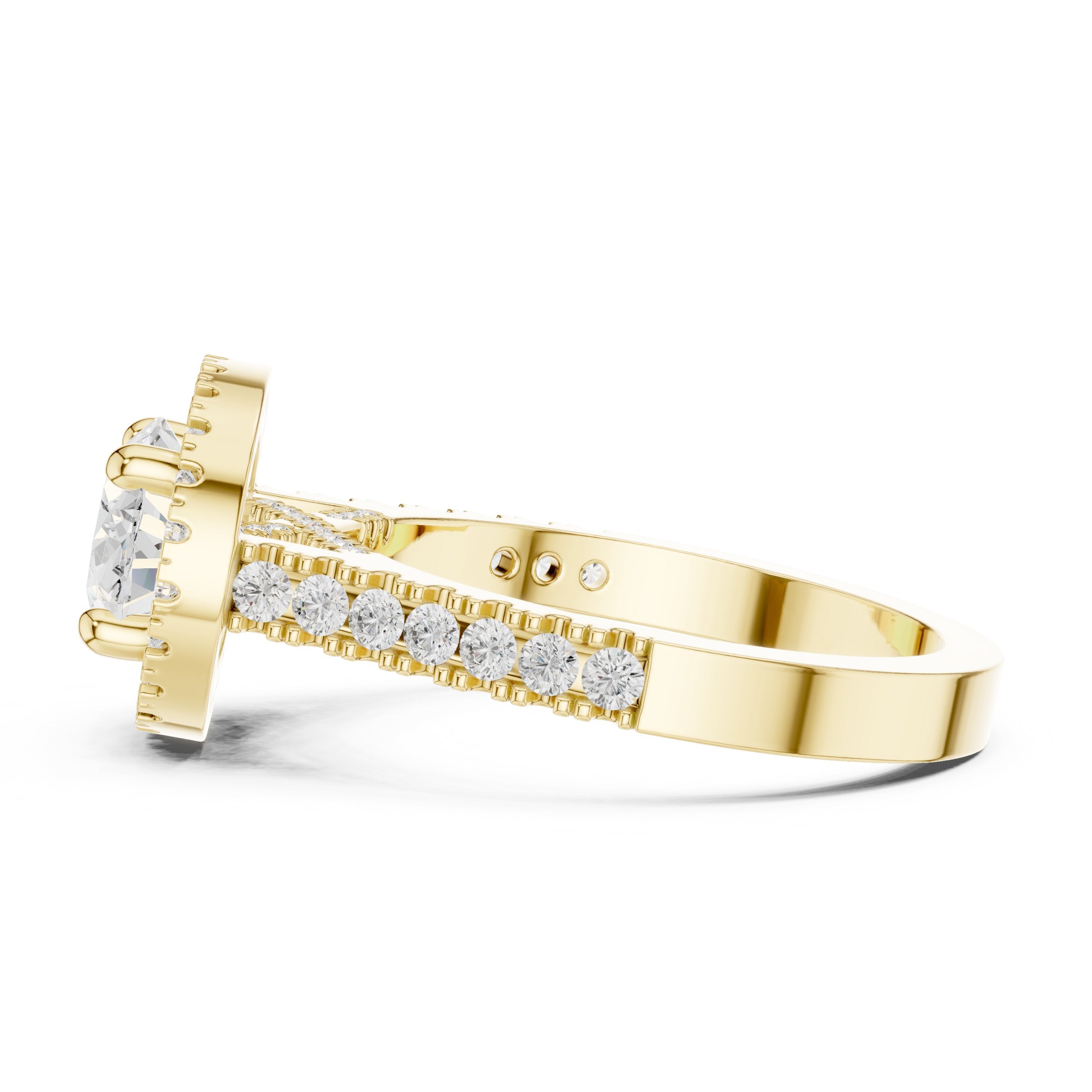 Oval Diamond Scalloped Halo Engagement Ring with Pavé Band in Yellow Gold - VYKA Diamonds