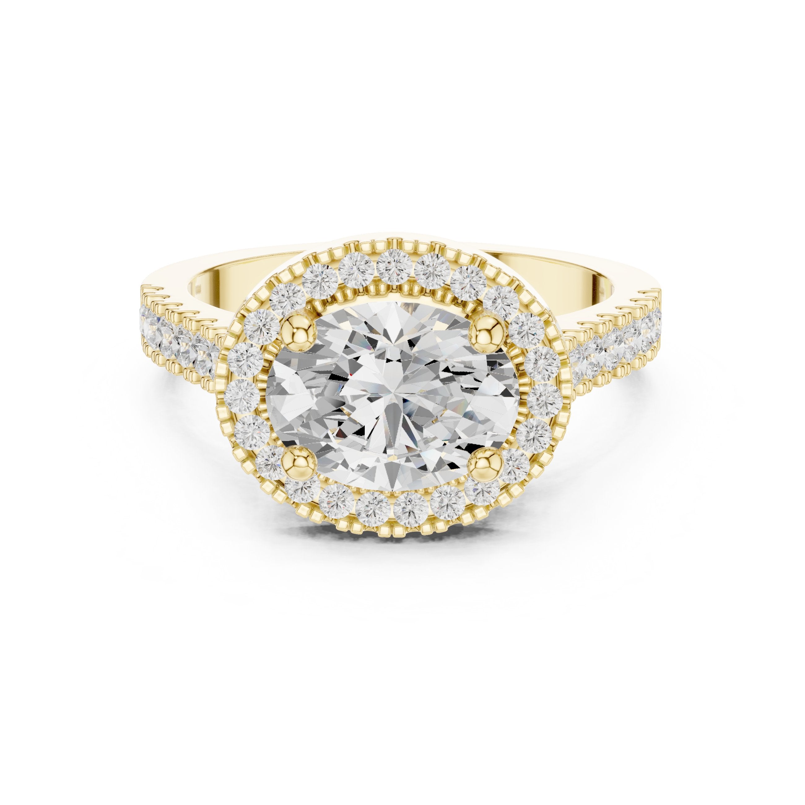 Oval Diamond Scalloped Halo Engagement Ring with Pavé Band in Yellow Gold - VYKA Diamonds