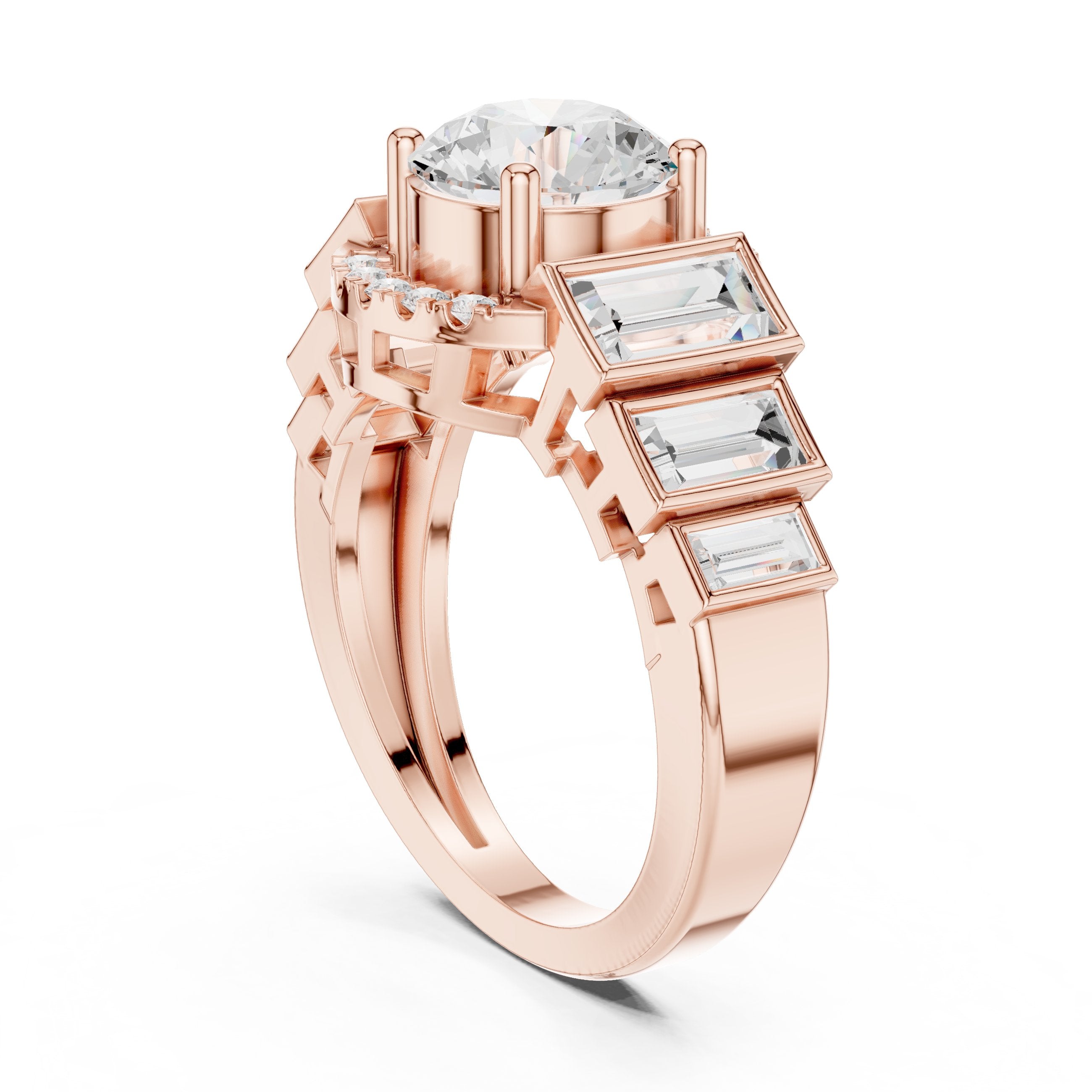 Round Diamond Halo Engagement Ring with Tapered Baguette Side Accents in Rose Gold - VYKA Diamonds