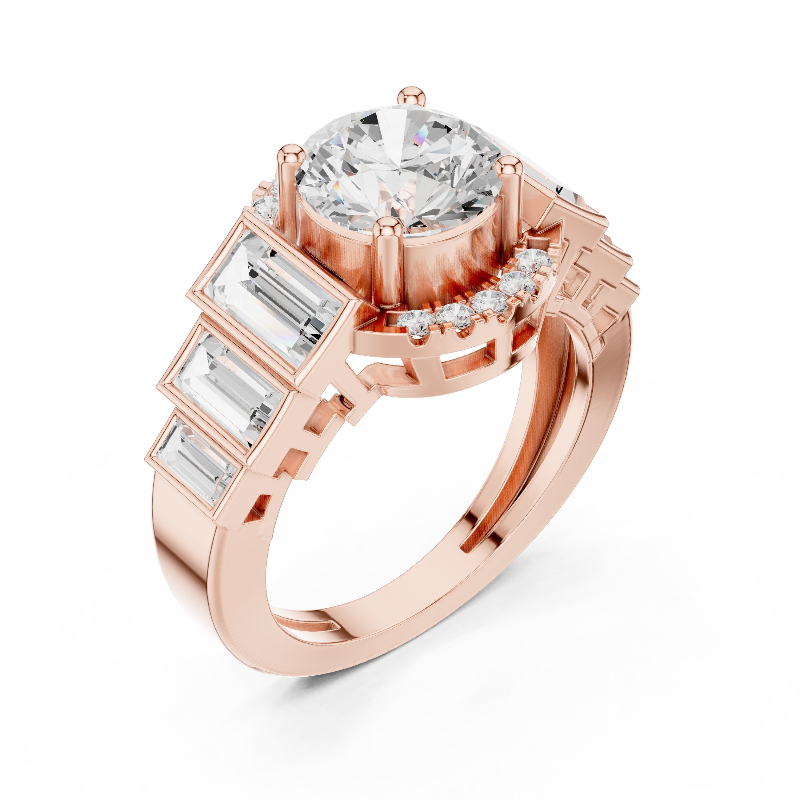 Round Diamond Halo Engagement Ring with Tapered Baguette Side Accents in Rose Gold - VYKA Diamonds