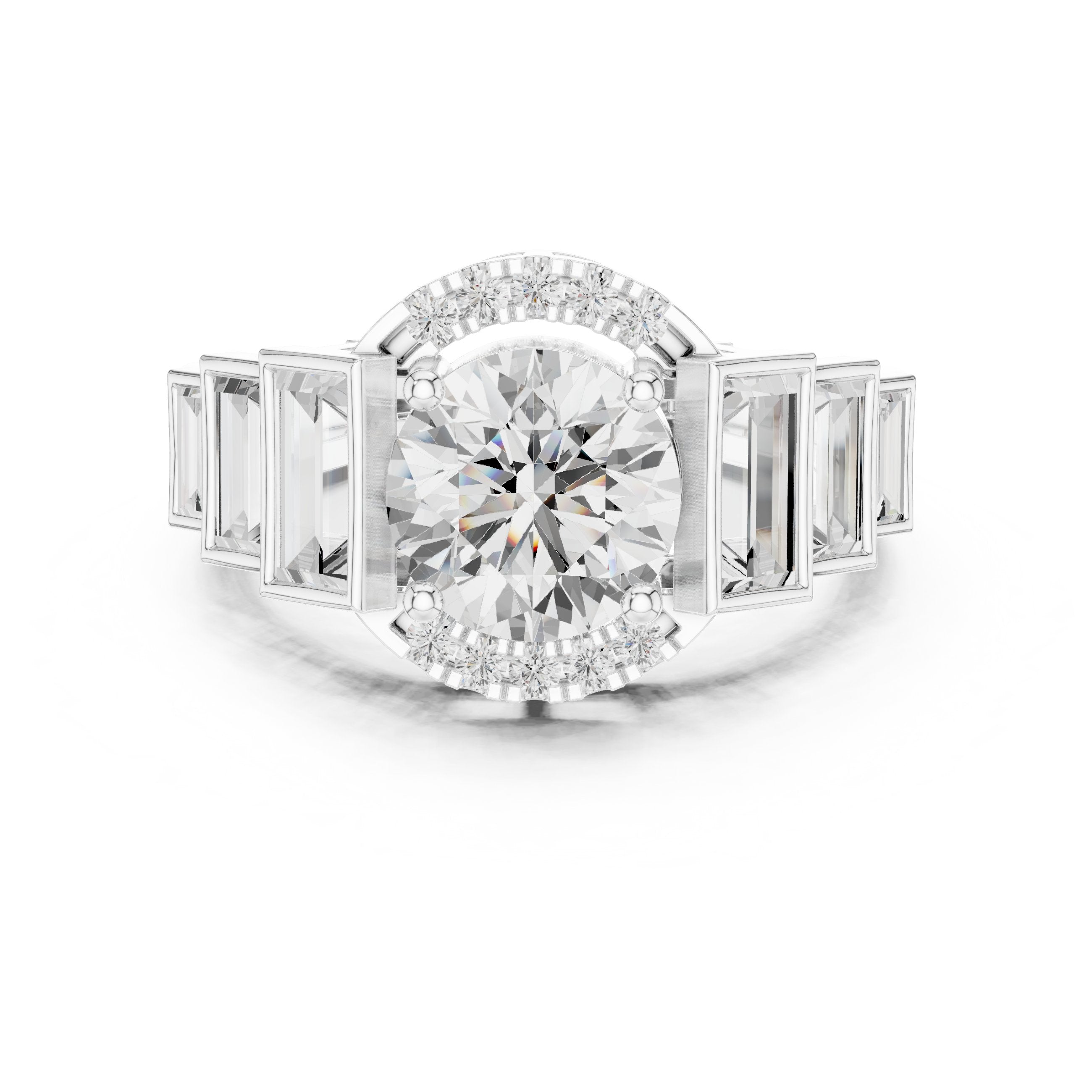 Round Diamond Halo Engagement Ring with Tapered Baguette Side Accents in White Gold - VYKA Diamonds