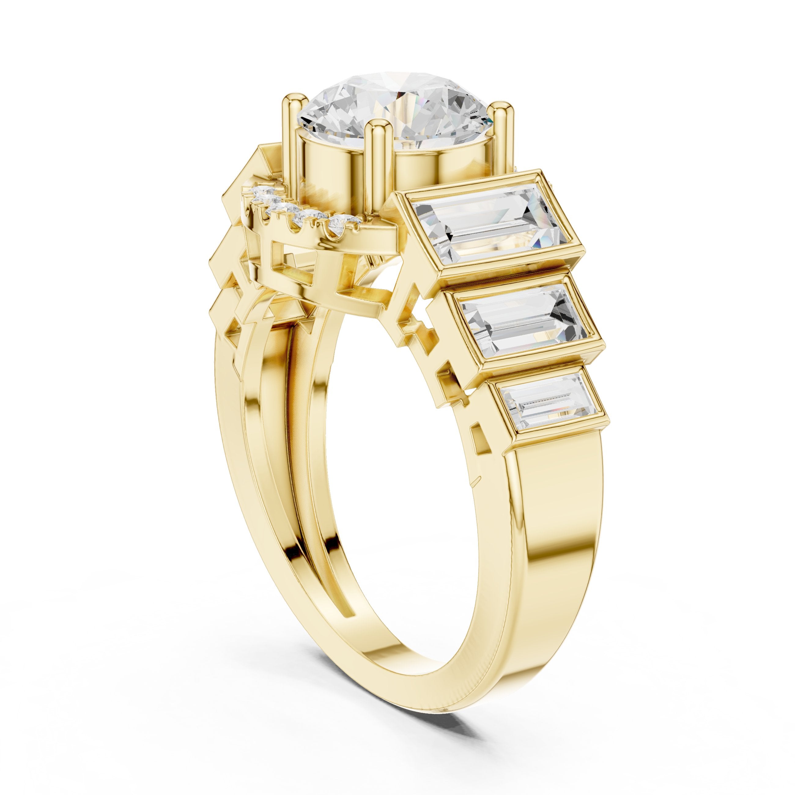 Round Diamond Halo Engagement Ring with Tapered Baguette Side Accents in Yellow Gold - VYKA Diamonds