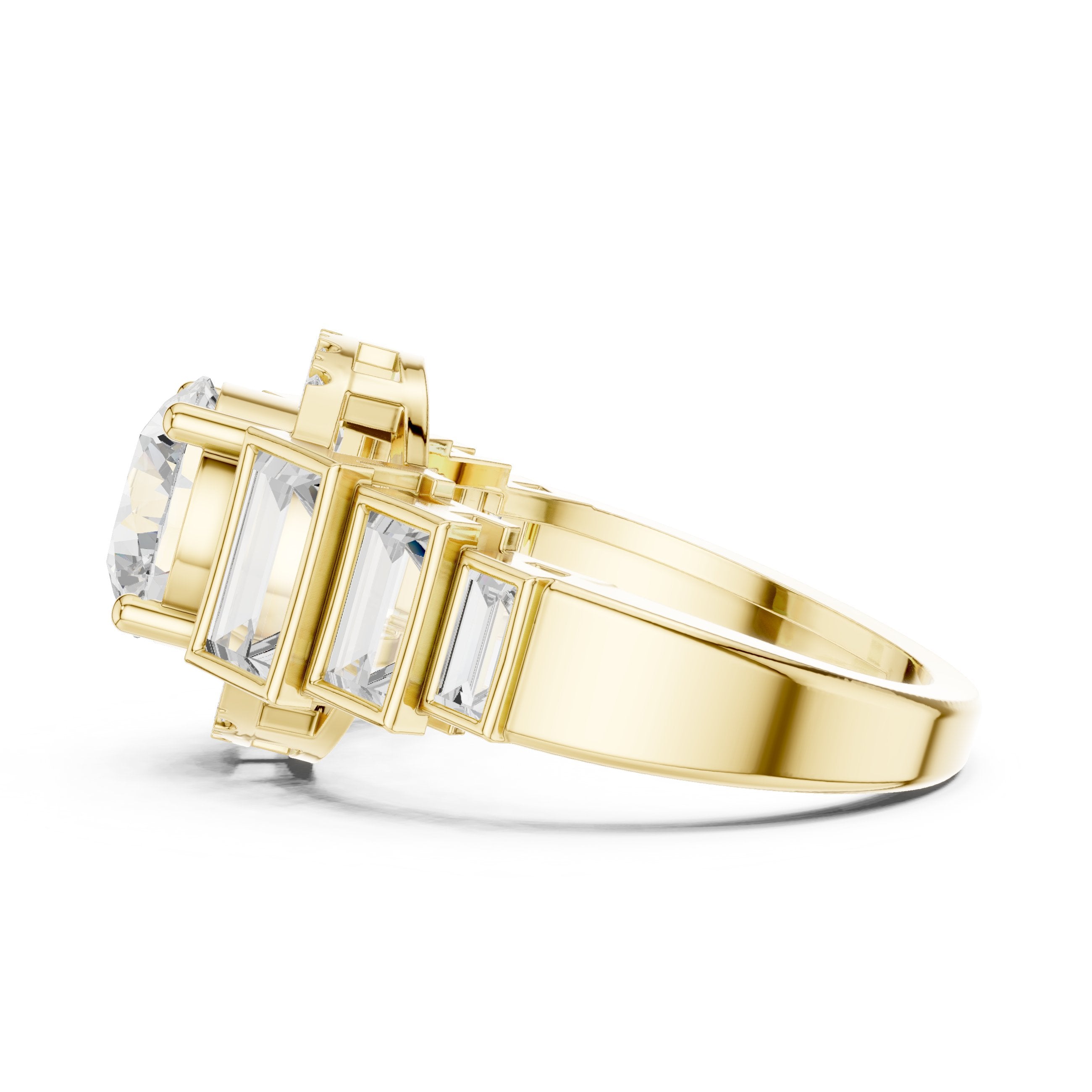 Round Diamond Halo Engagement Ring with Tapered Baguette Side Accents in Yellow Gold - VYKA Diamonds