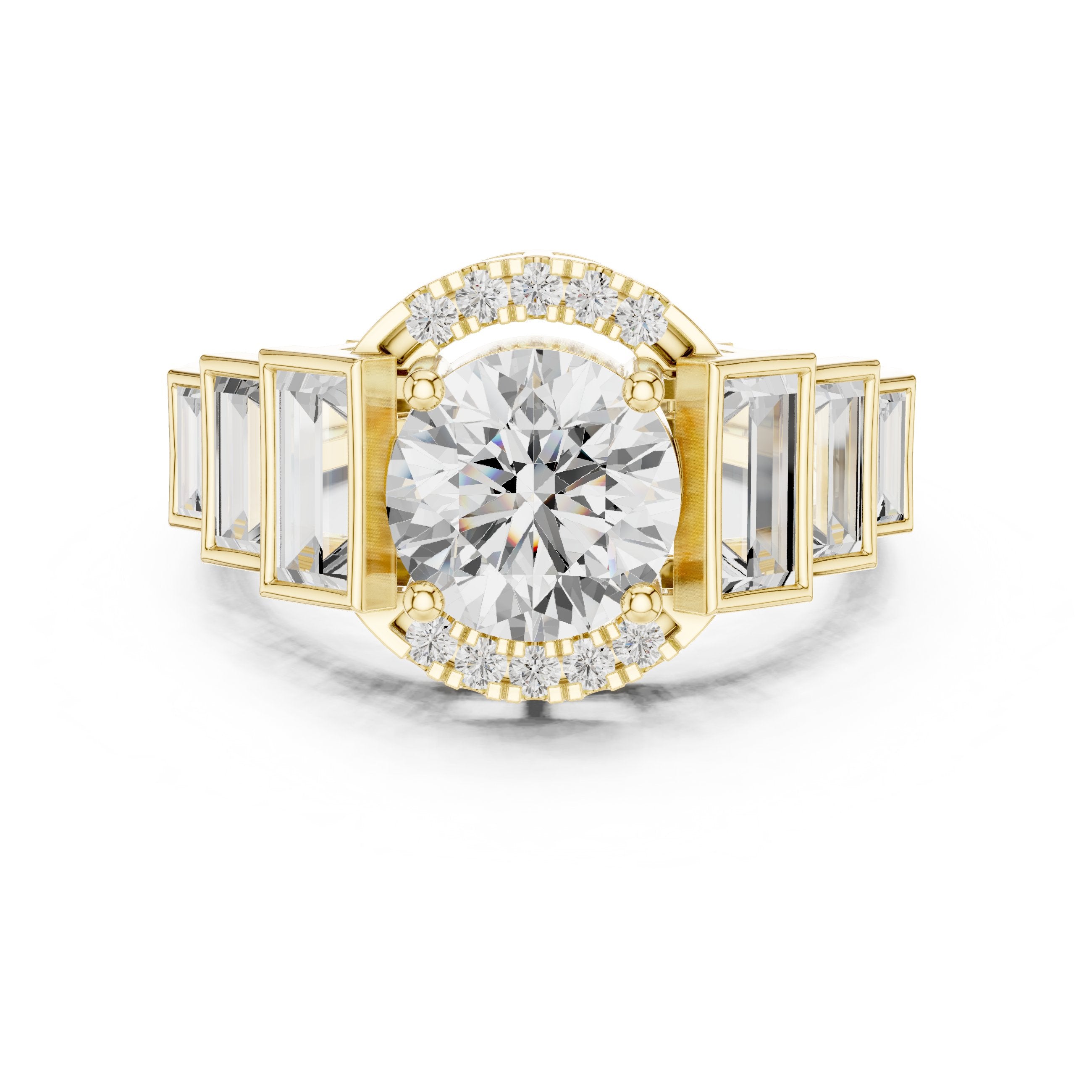 Round Diamond Halo Engagement Ring with Tapered Baguette Side Accents in Yellow Gold - VYKA Diamonds