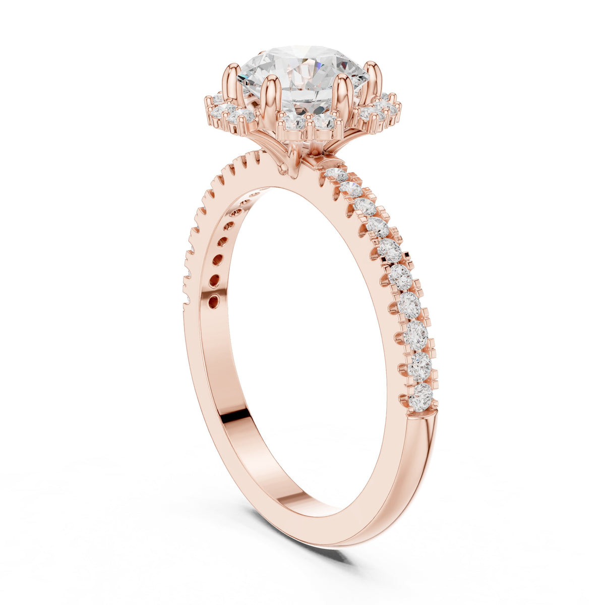 Round Diamond Flower Halo Engagement Ring with Pavé Band