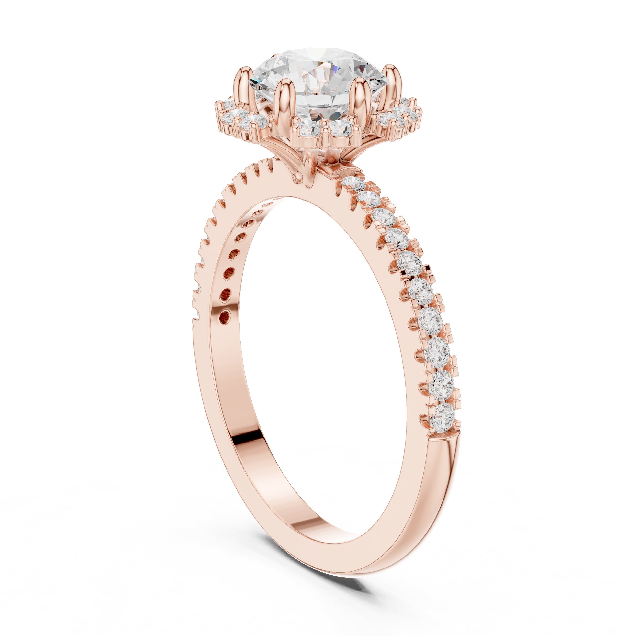 Round Diamond Flower Halo Engagement Ring with Pavé Band in Rose Gold - VYKA Diamonds